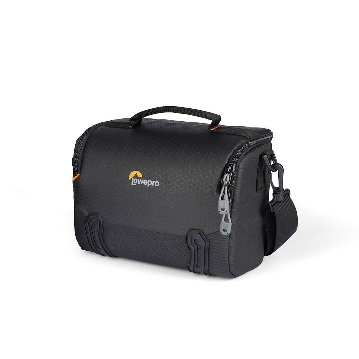 Black camera bag with orange trim and Lowepro logo. It has a shoulder strap and zippered compartments.