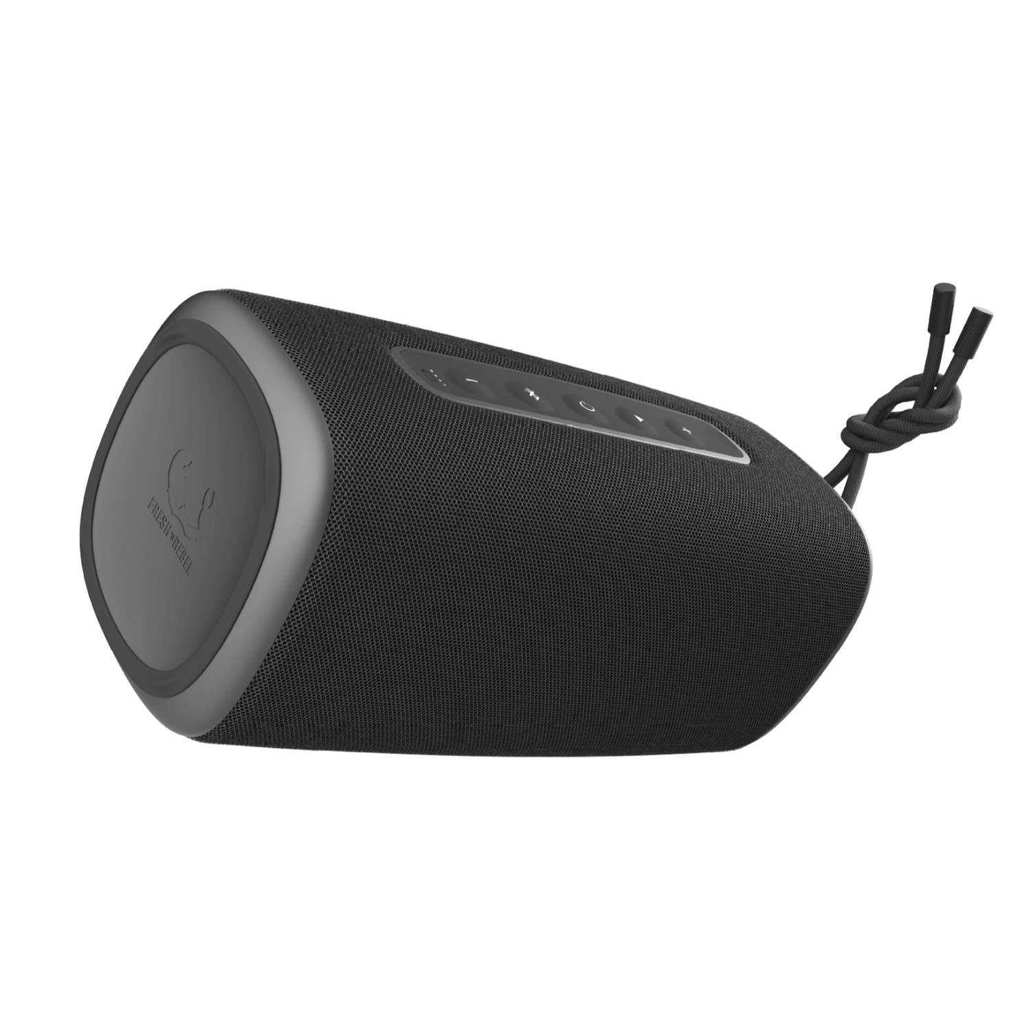 Czarny głośnik z siatkowym przodem. Ma przyciski i sznurek. Tło jest czarne.