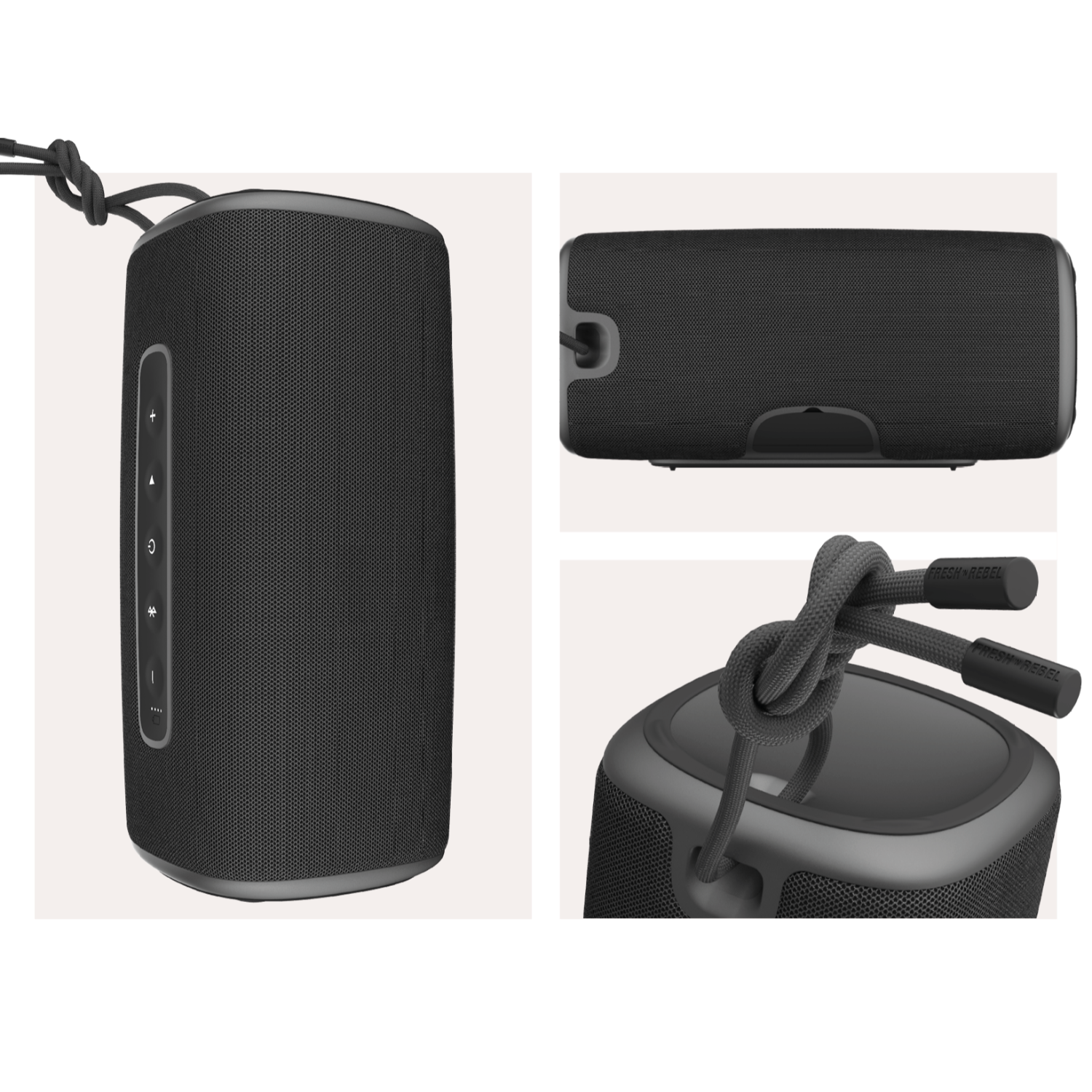 Czarny głośnik cylindryczny z przyciskami i powierzchnią podobną do tkaniny. Na górze węzeł ze sznurka.