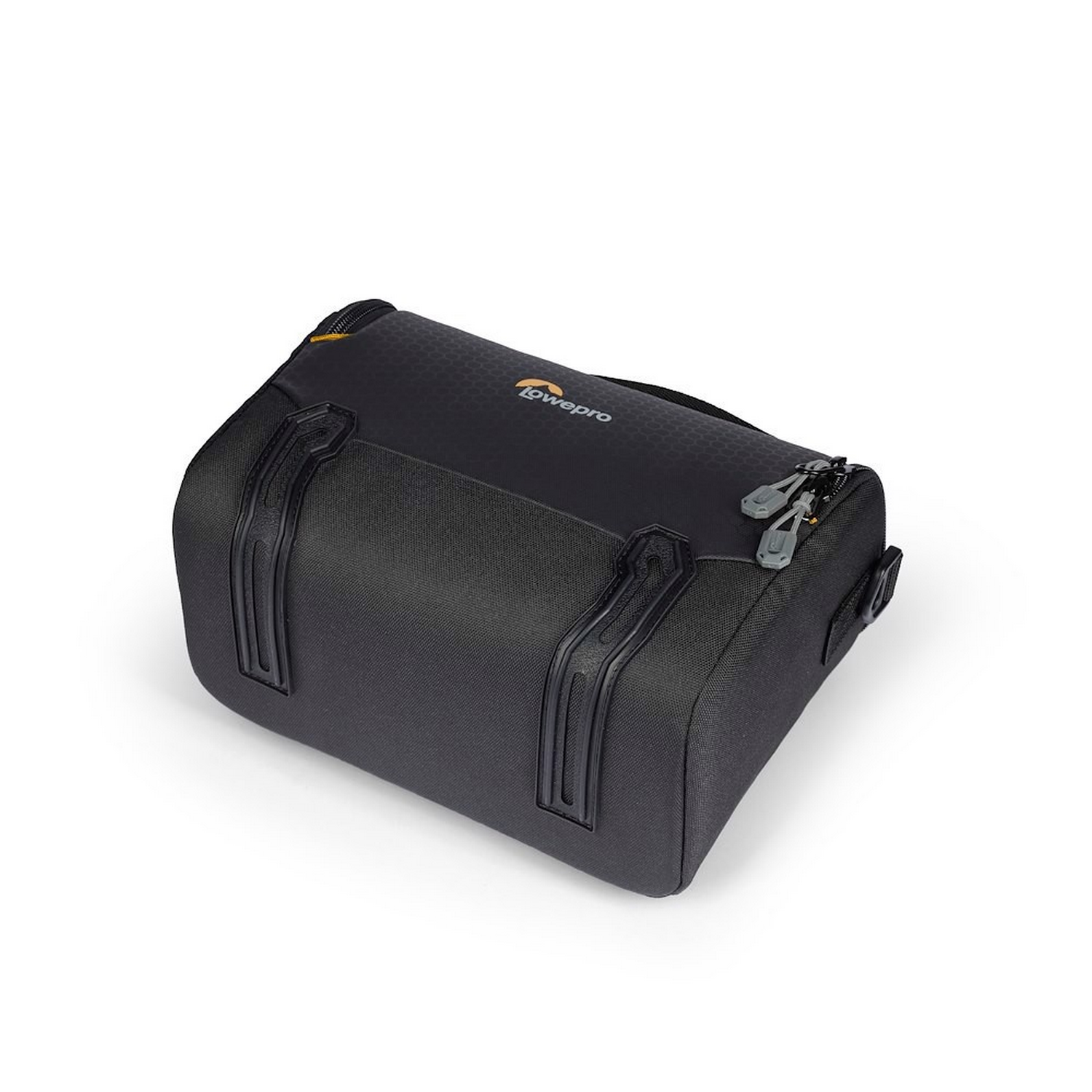 Black camera bag. It has two zippers, a handle, and the Lowepro logo.
