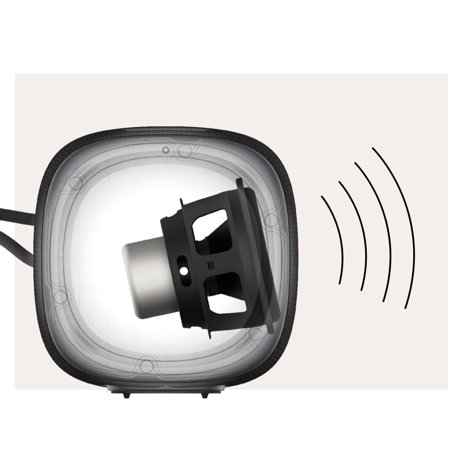 Wewnętrzne elementy głośnika: czarny głośnik i fale dźwiękowe.