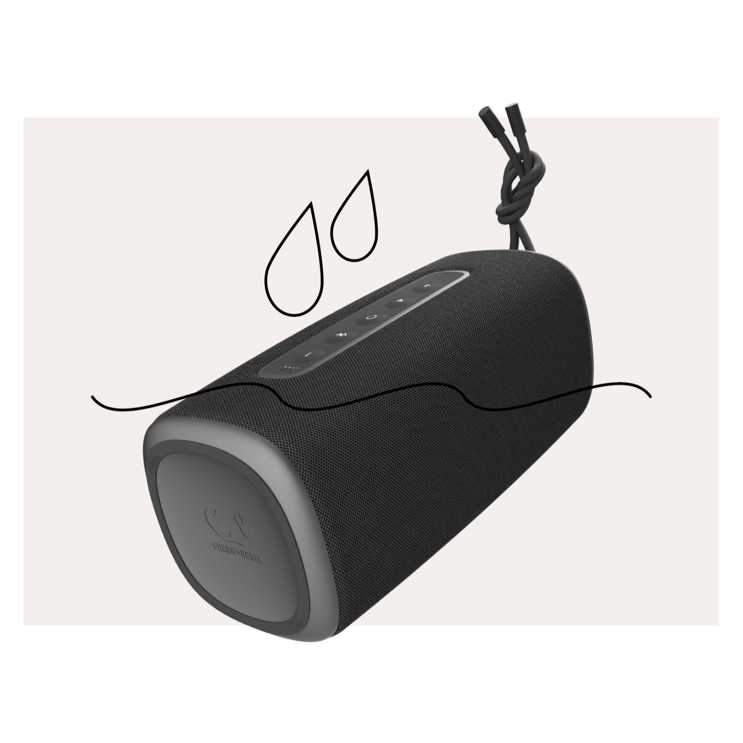 Czarny głośnik w wodzie z ilustracjami kropli wody. Białe tło.