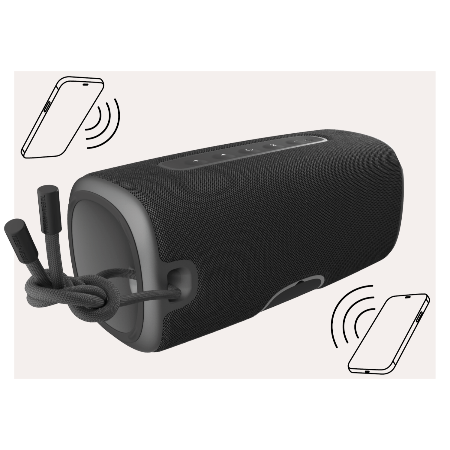 Czarny głośnik ze sznurkiem i ikonami telefonu, ilustrującymi łączność bezprzewodową.