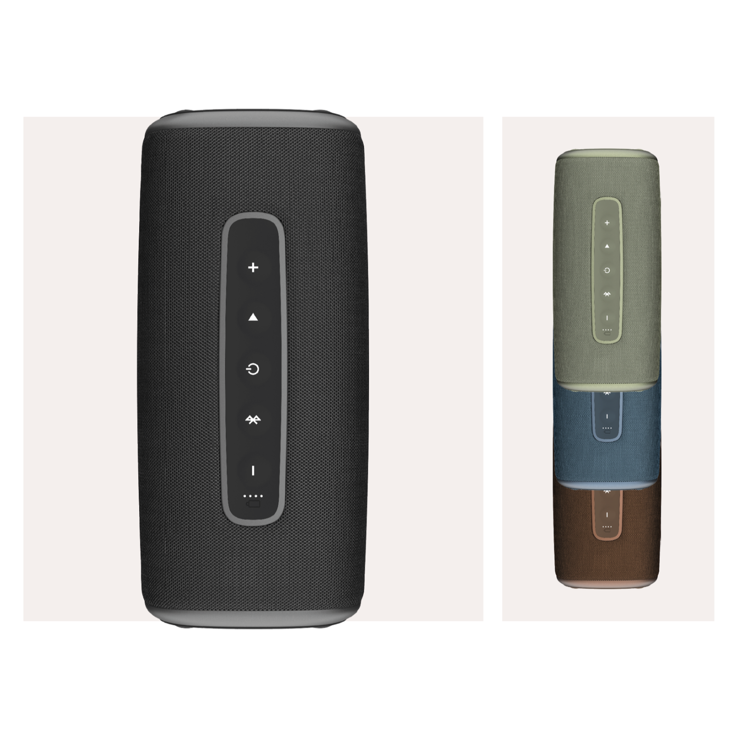 Czarne i kolorowe głośniki z przyciskami z boku, w tym +, -, i przycisk zasilania.