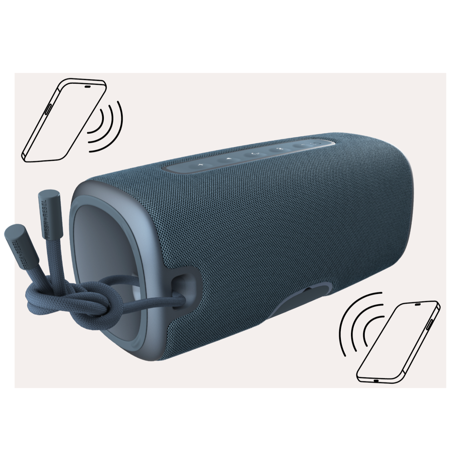 Blauer Lautsprecher mit weißen Symbolen. Der Lautsprecher hat ein geknotetes Kabel und Telefonsymbole.