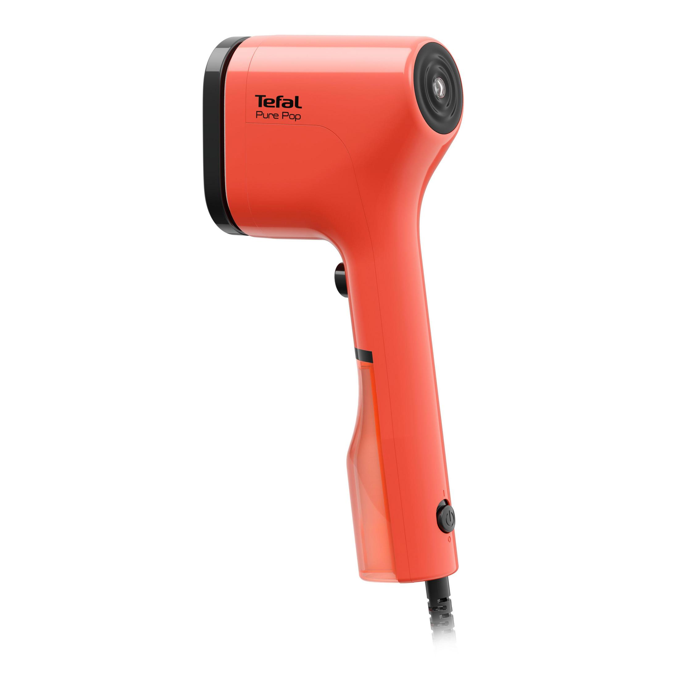Pomarańczowy parownik do ubrań Tefal Pure Pop. Ma czarną dyszę i uchwyt.