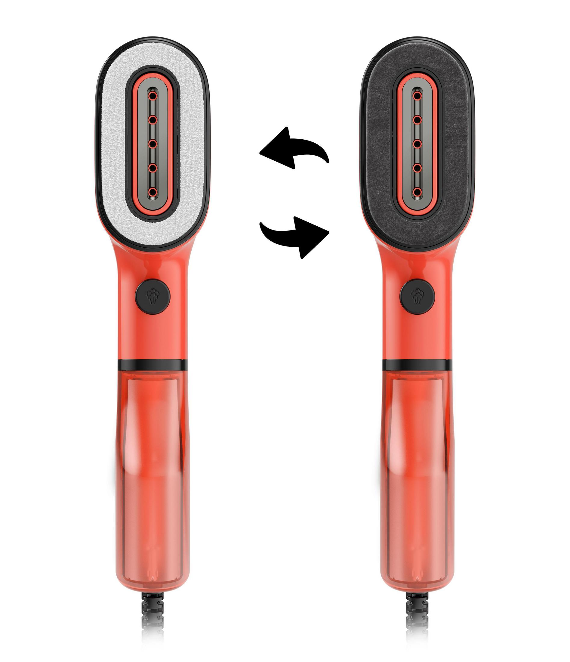 Dwie czerwono-białe głowice parowe skierowane w przeciwnych kierunkach. Strzałki pokazują zmianę między nimi. Czarny przewód.