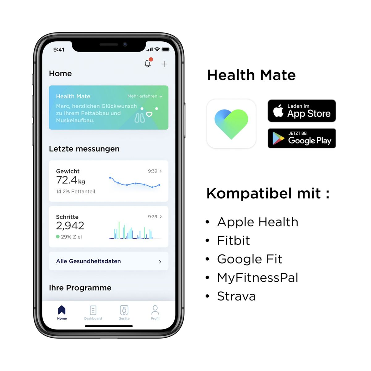 Smartfon wyświetlający interfejs aplikacji zdrowotnej z danymi i opcjami.