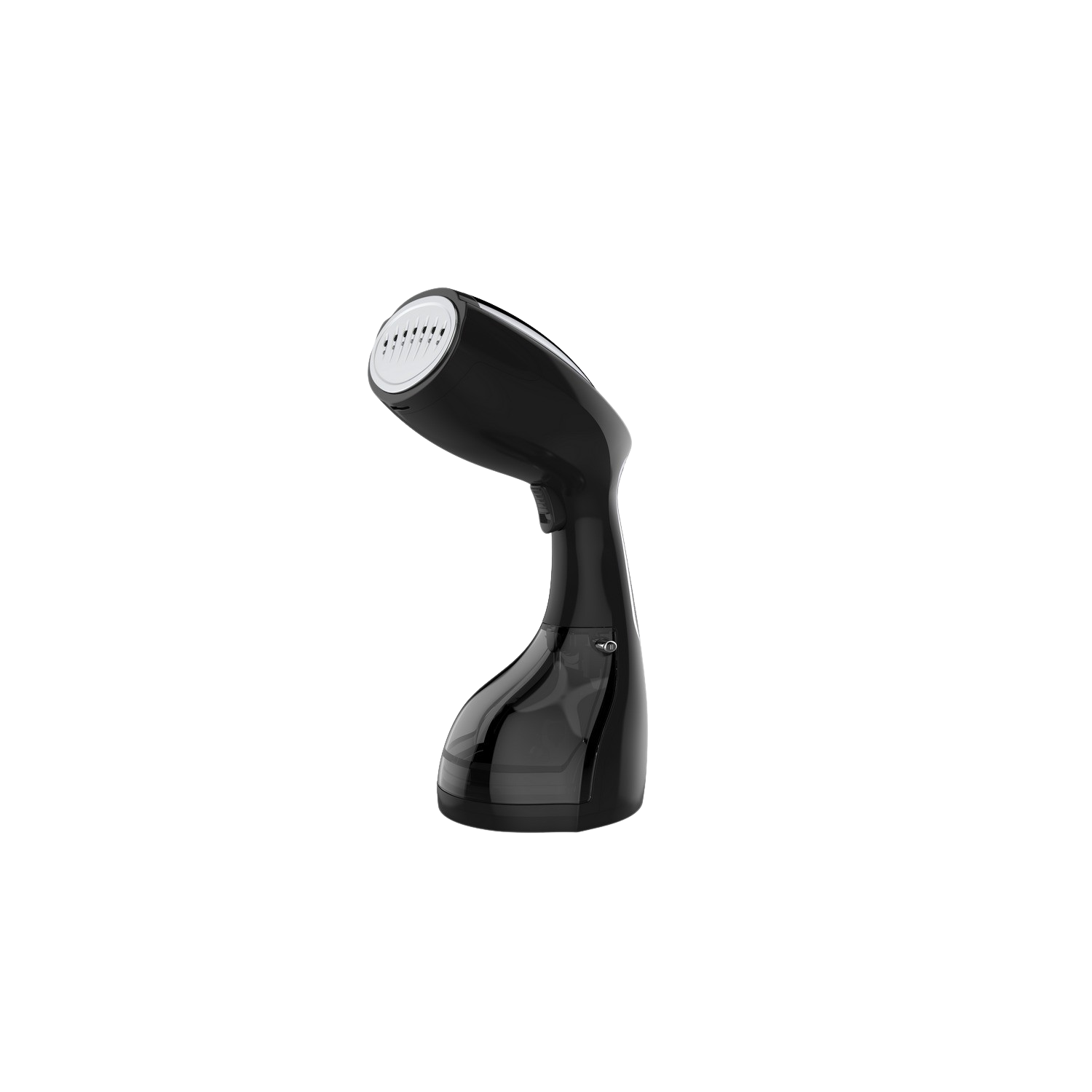 Zwarte handheld steamer. Het heeft een witte stoomkop en een transparante watertank.