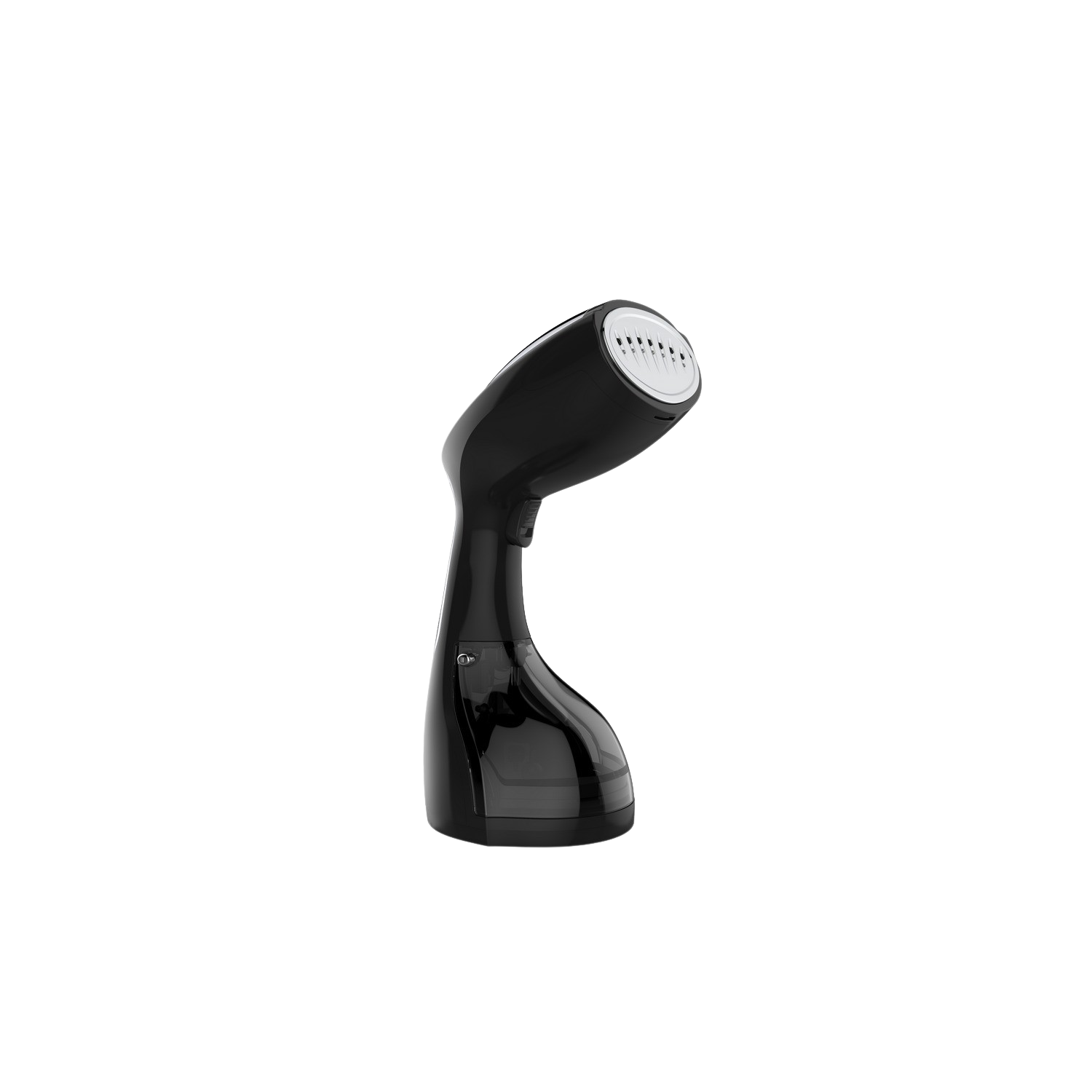 Zwarte handstomer. Zwarte achtergrond. Witte stoomopeningen zichtbaar.