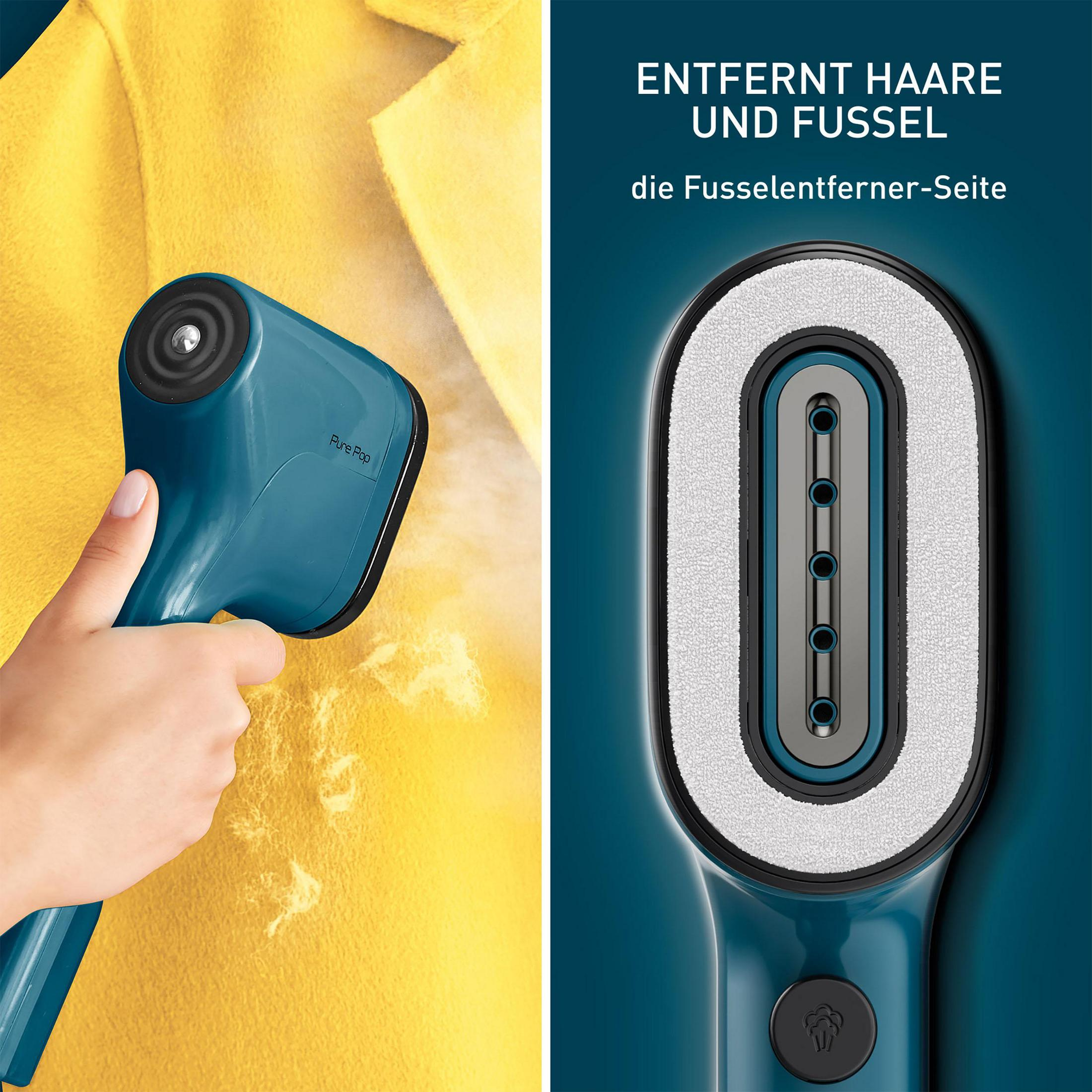 Bir el, sarı bir paltonun üzerinde tüyleri temizleyen turkuaz bir kumaş tıraş makinesi tutuyor. Tıraş makinesi başlığı gösteriliyor.