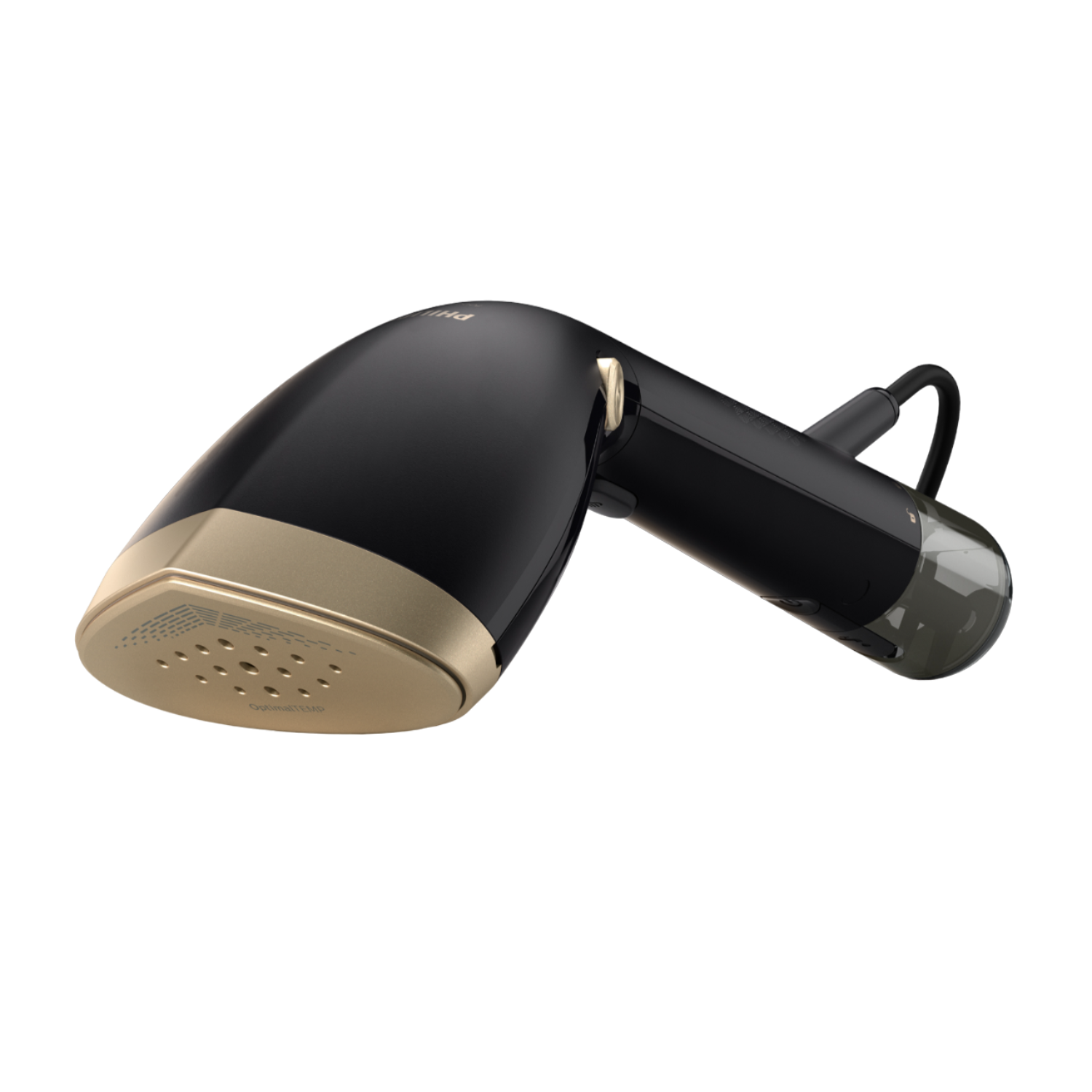 Vaporizzatore per indumenti nero e oro. Il vaporizzatore ha una testa dorata con fori e un manico nero.