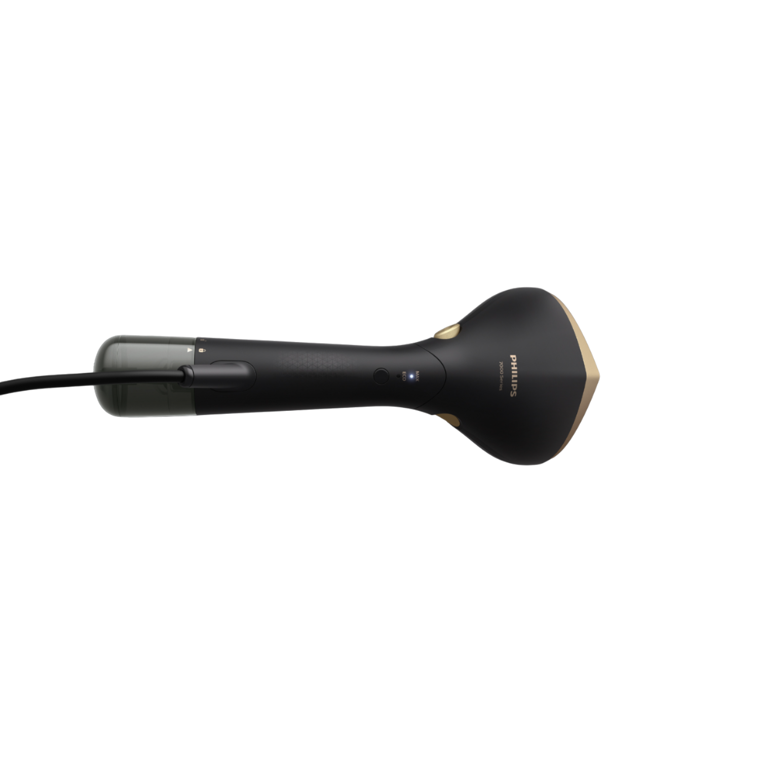 Uno steamer per indumenti Philips nero e oro, con un lungo manico e una testina vapore, su sfondo nero.