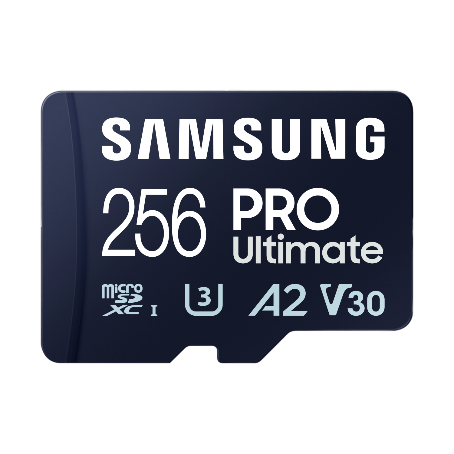 Granatowa karta MicroSD z białym tekstem: SAMSUNG 256 PRO Ultimate i inne szczegóły.