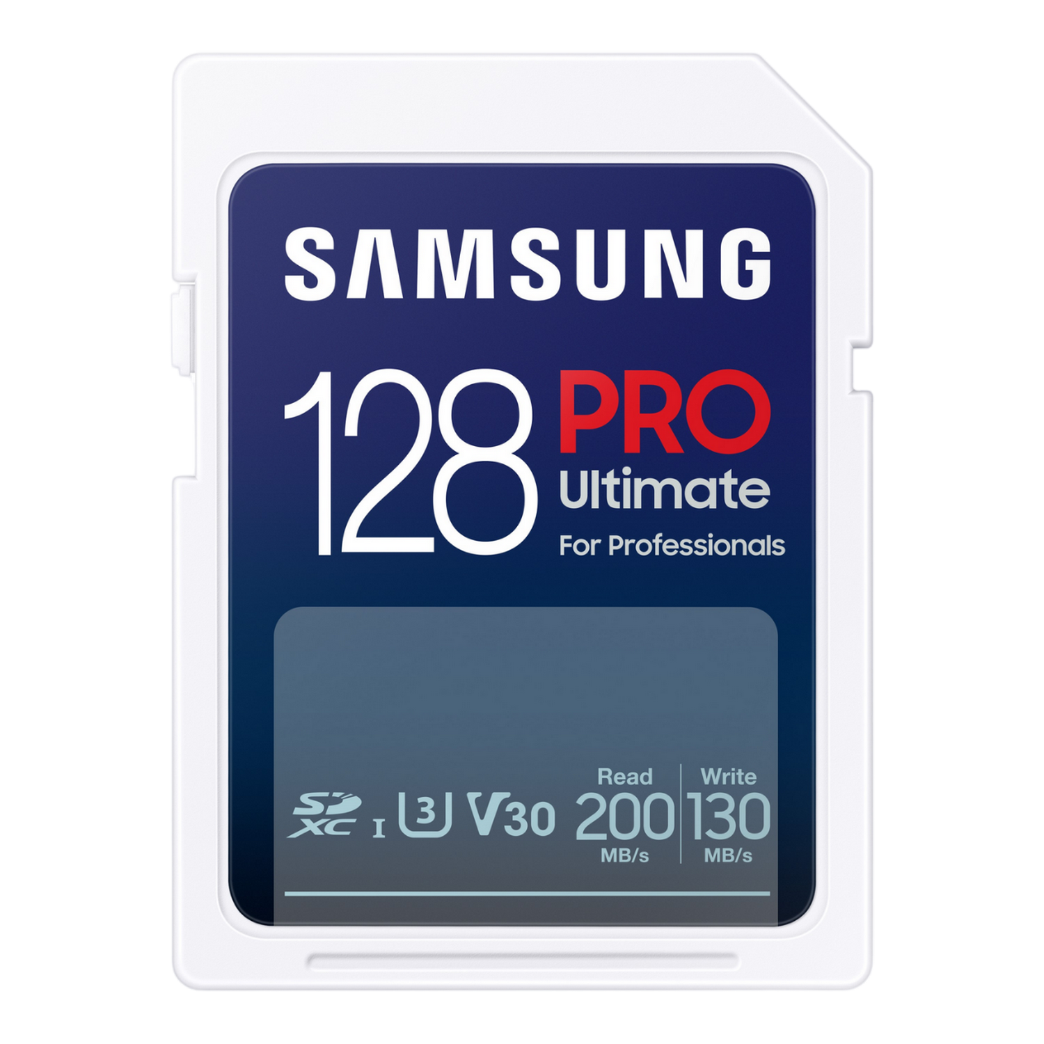 Weiß-blaue Speicherkarte, Samsung Pro. Zeigt 128 Pro Ultimate und Spezifikationen für Lese- und Schreibgeschwindigkeit.
