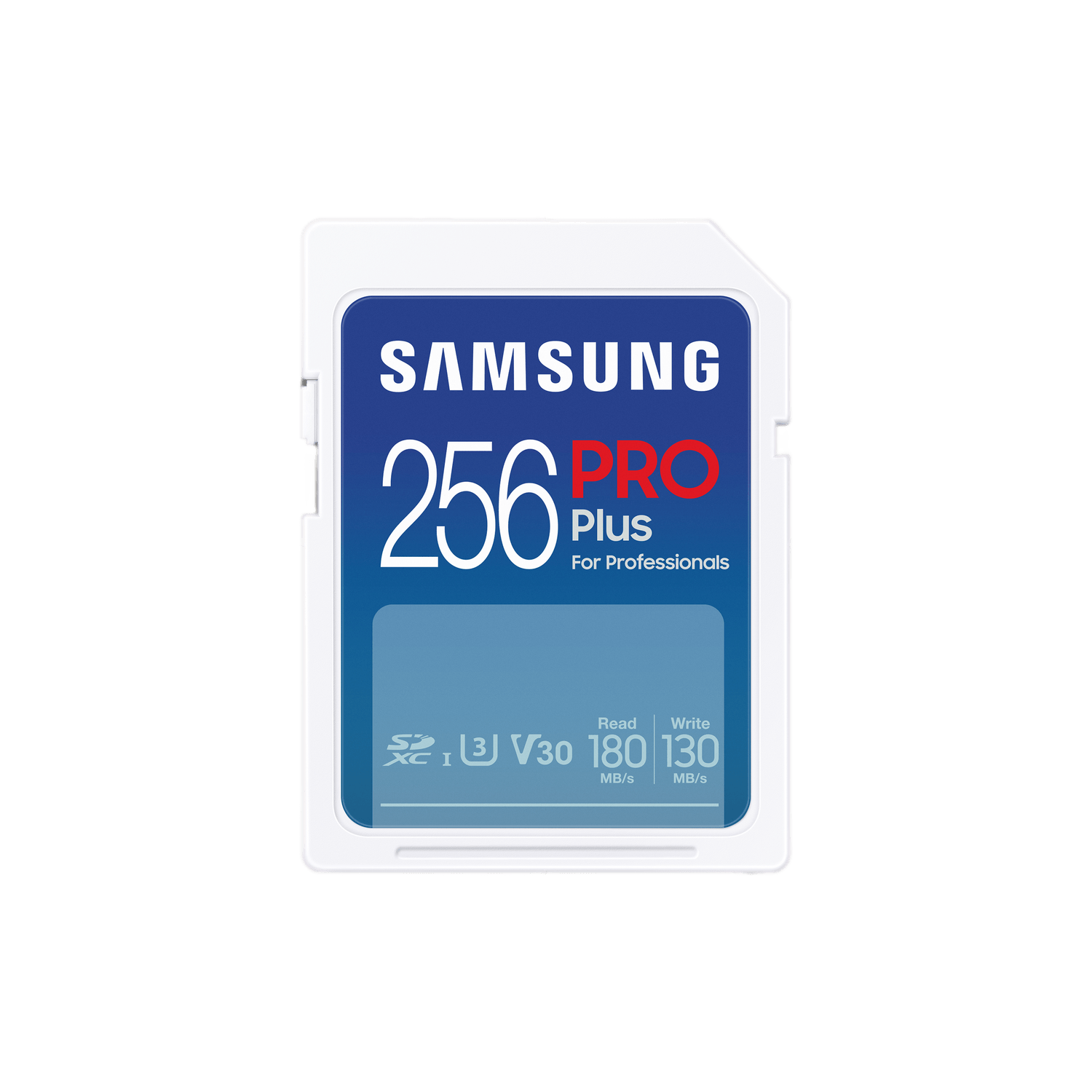 Une carte SD blanche avec du texte bleu indiquant Samsung Pro Plus 256.