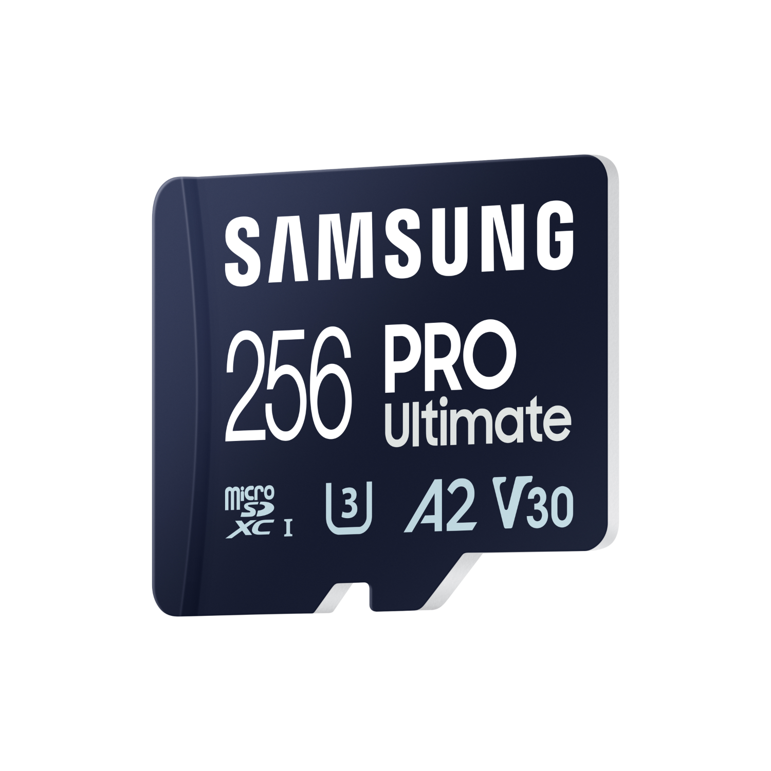 Ciemnoniebieska karta MicroSD Samsung 256 PRO Ultimate z tekstem. Białe tło.