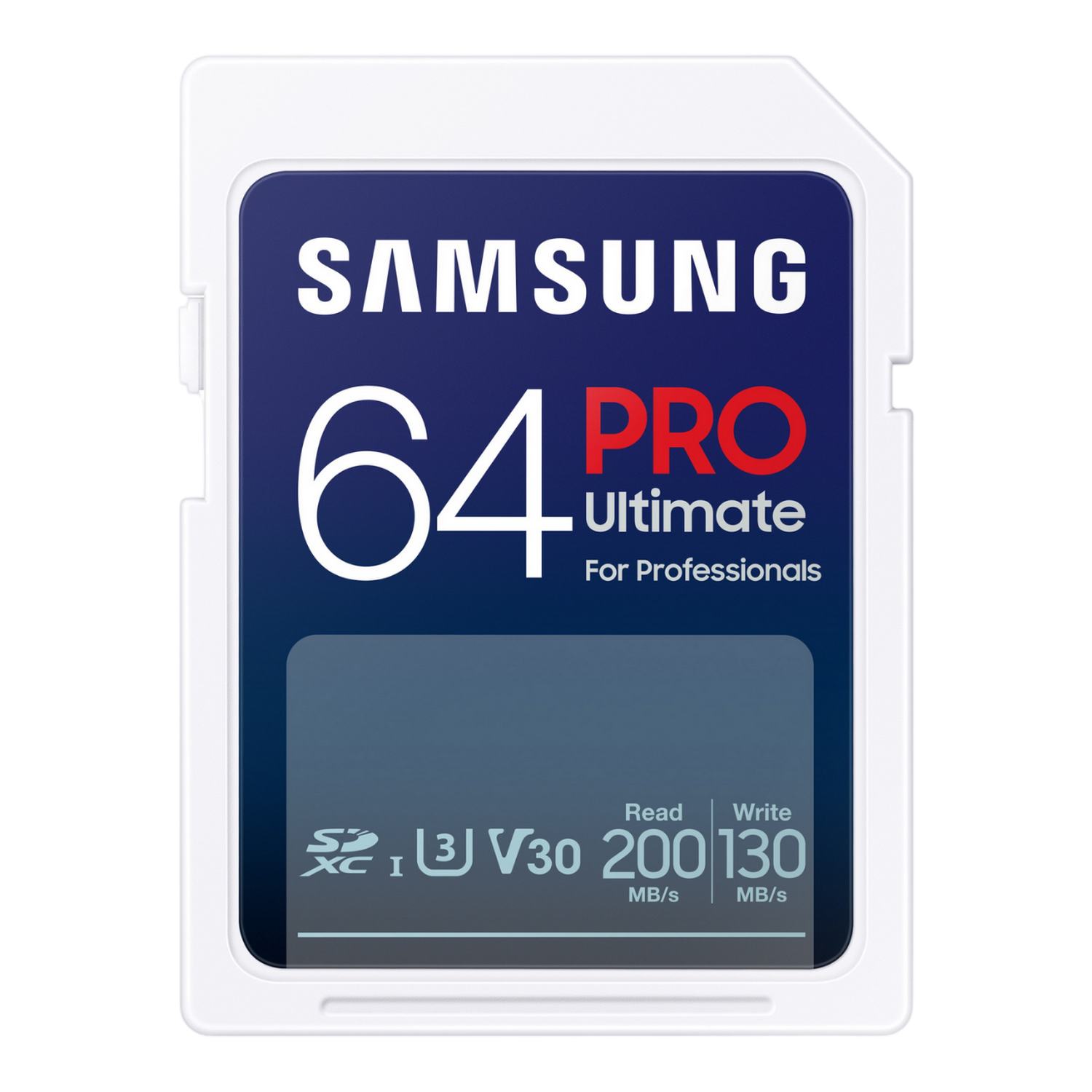 Weiße und blaue Samsung 64GB Pro SD-Karte mit Text und Spezifikationen.