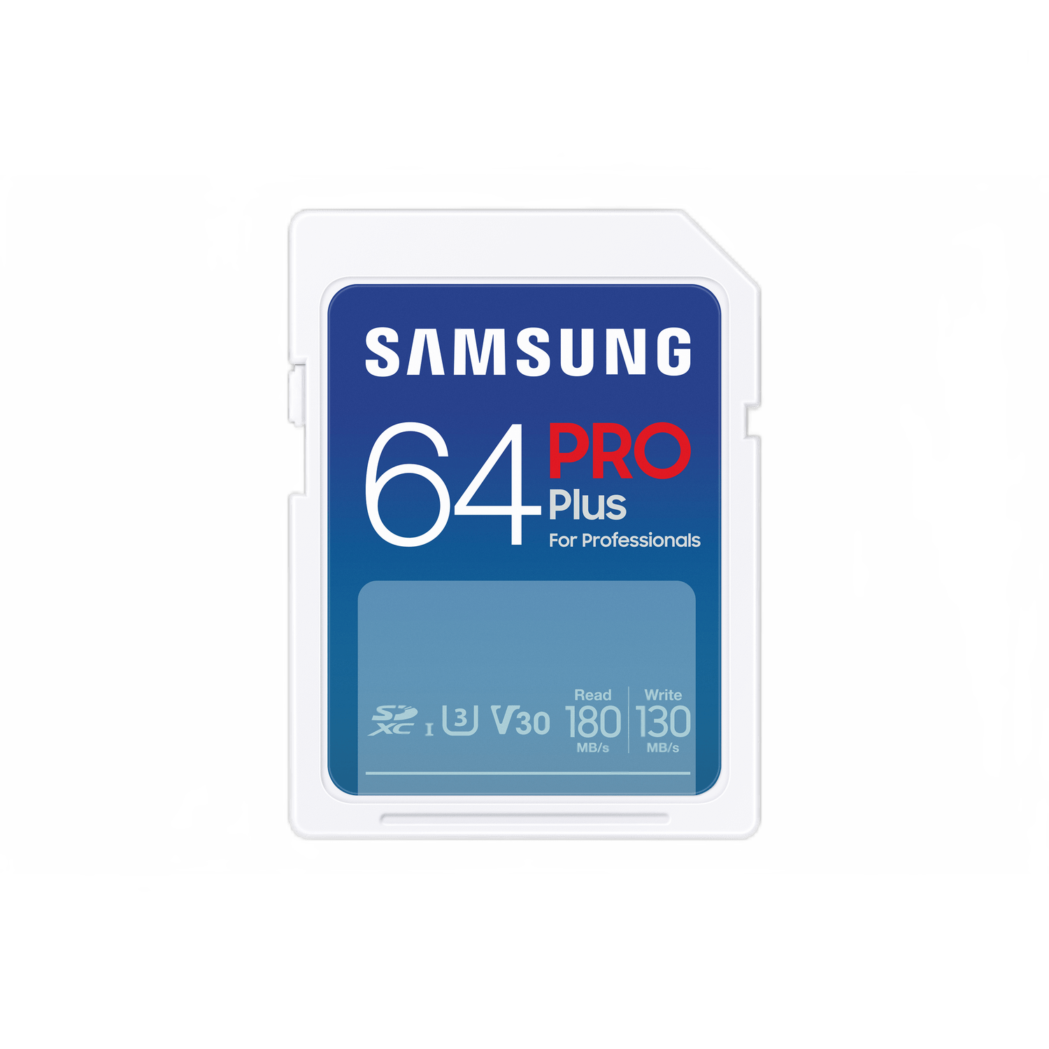 Scheda SD con etichetta blu. Ha i loghi Samsung e Pro Plus.