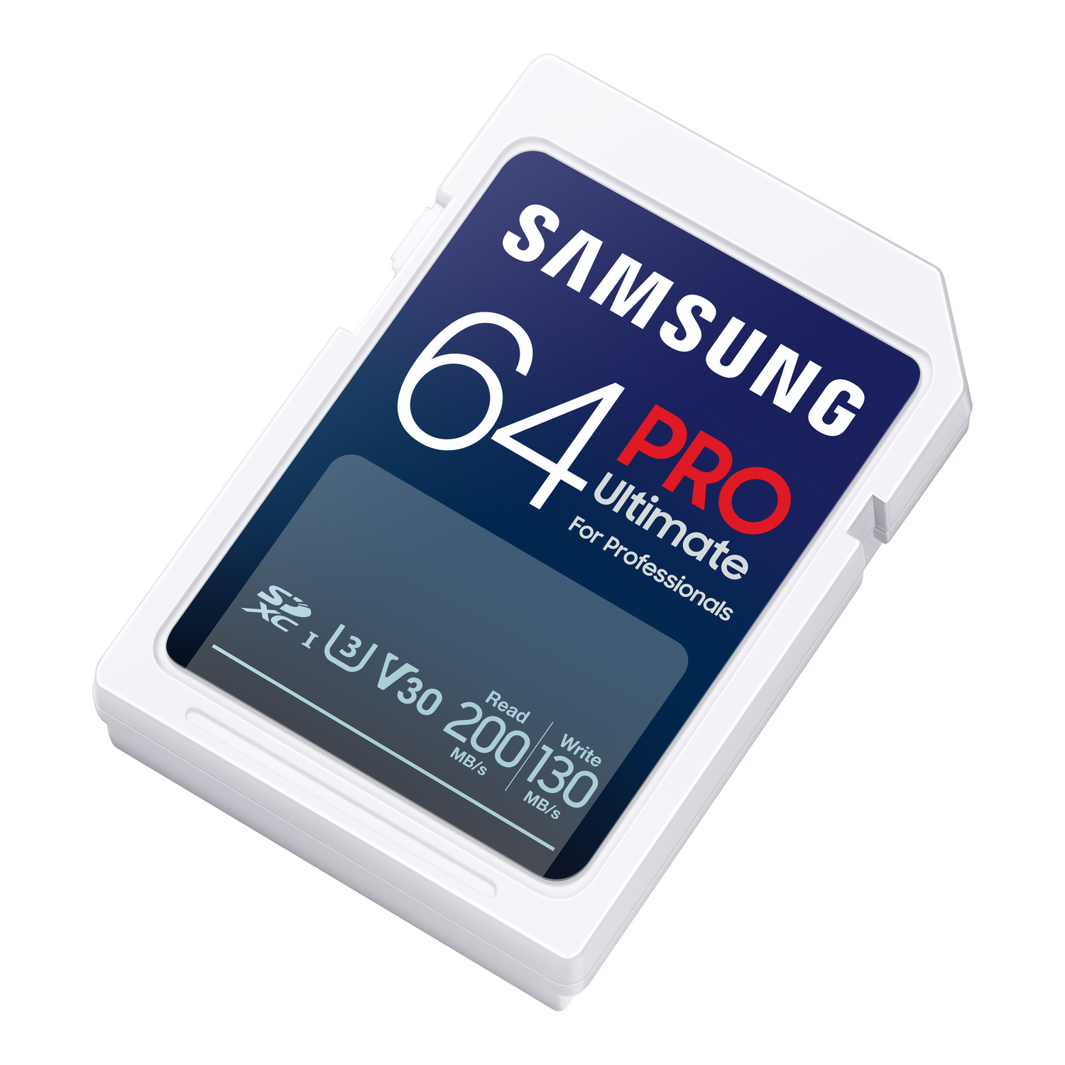 Weiße und blaue Samsung 64GB Pro SD-Karte, mit Text und Details. Weißer Hintergrund.
