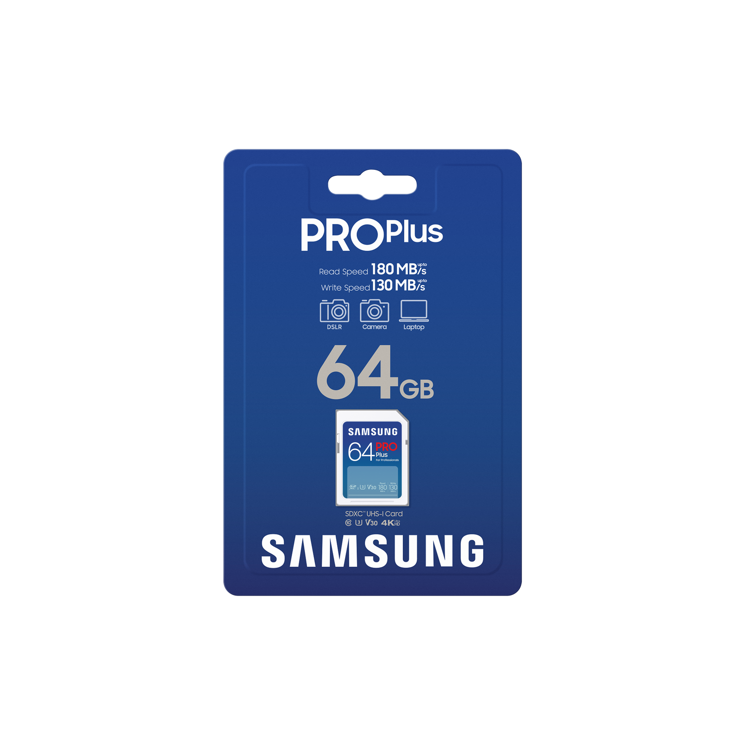 Pacchetto di schede SD Samsung Pro Plus blu e bianco. Presenta testo e grafica sul fronte.