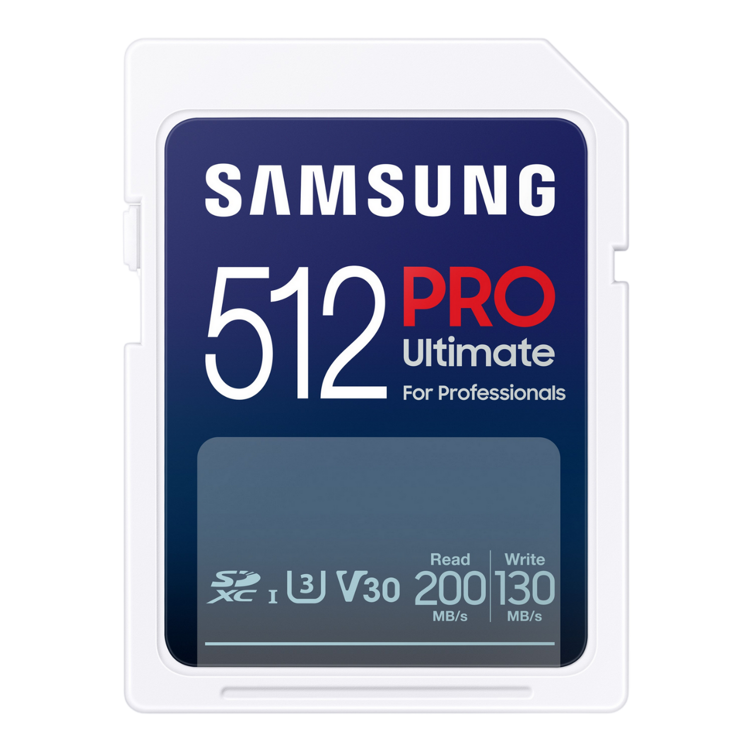 Carte SD Samsung 512 PRO blanche et bleue avec texte et logo sur fond noir.