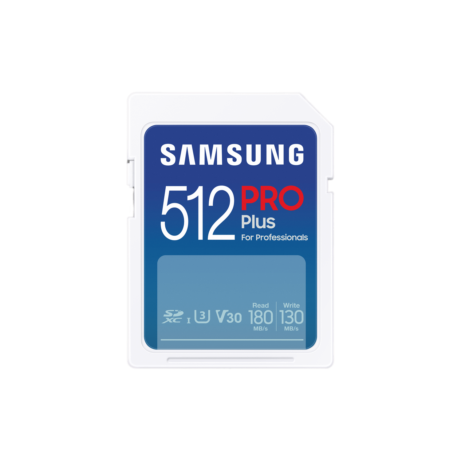 Une carte SD bleue. Elle porte l'étiquette Samsung Pro et le texte '512 Plus'.