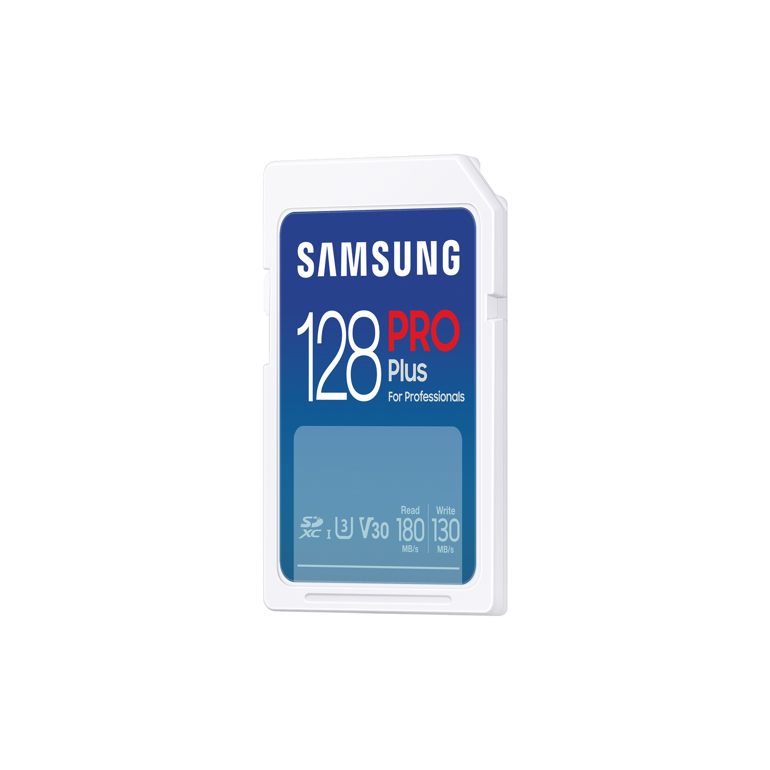 Karta SD Samsung 128 Pro Plus, niebiesko-biała. Tekst na karcie brzmi: 128 Pro Plus.