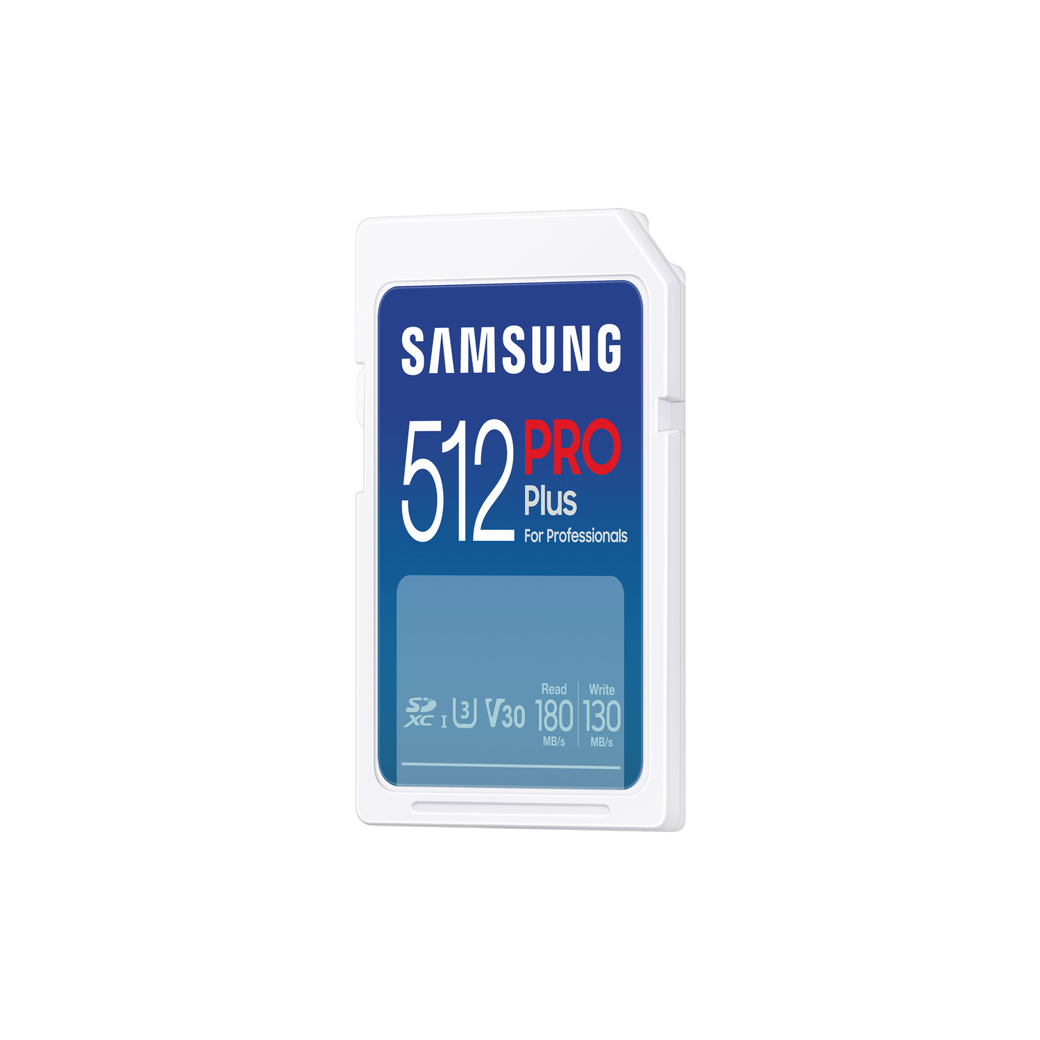 Une carte SD Samsung 512 Pro Plus avec des couleurs blanches et bleues.
