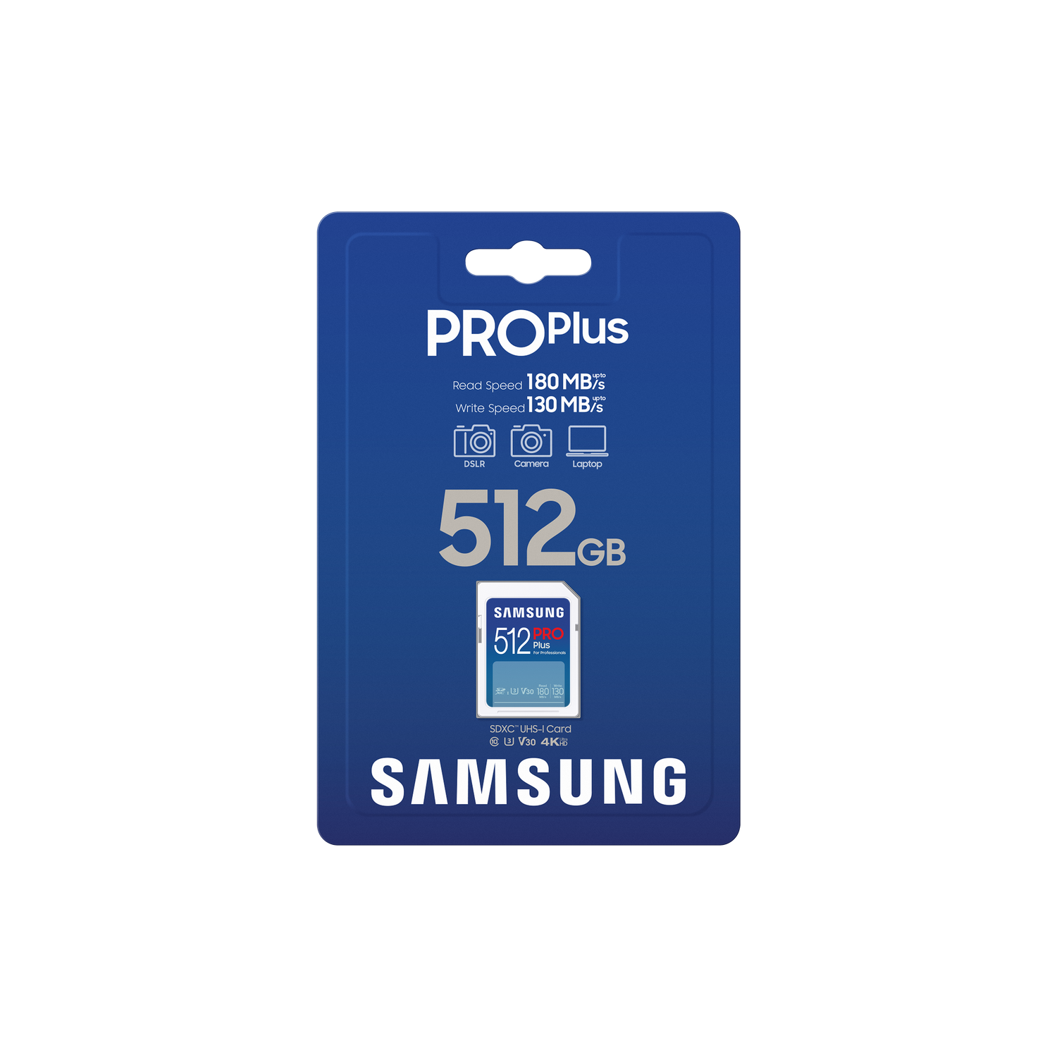 Emballage bleu avec une carte SD Samsung Pro Plus. Texte inclut vitesses et 512 Go.