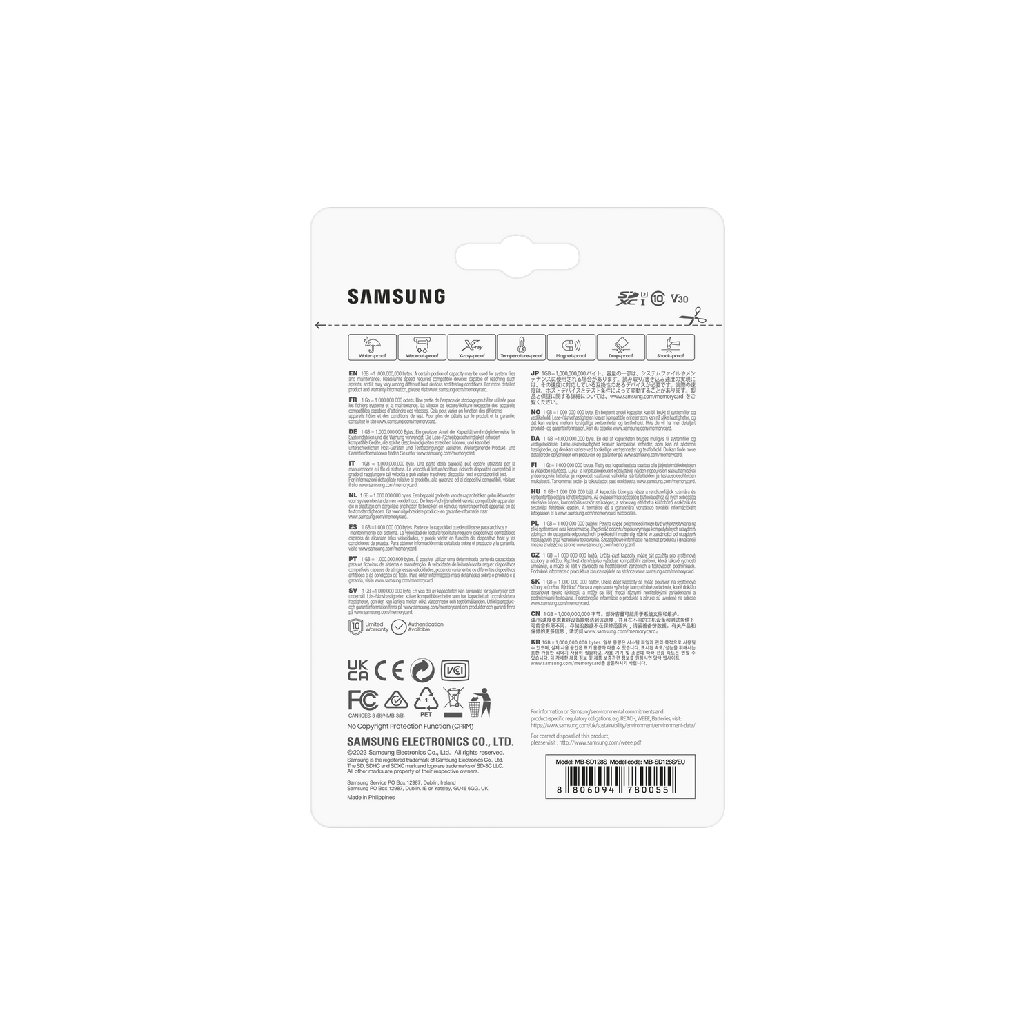 Tył opakowania karty pamięci Samsung z tekstem i logo.