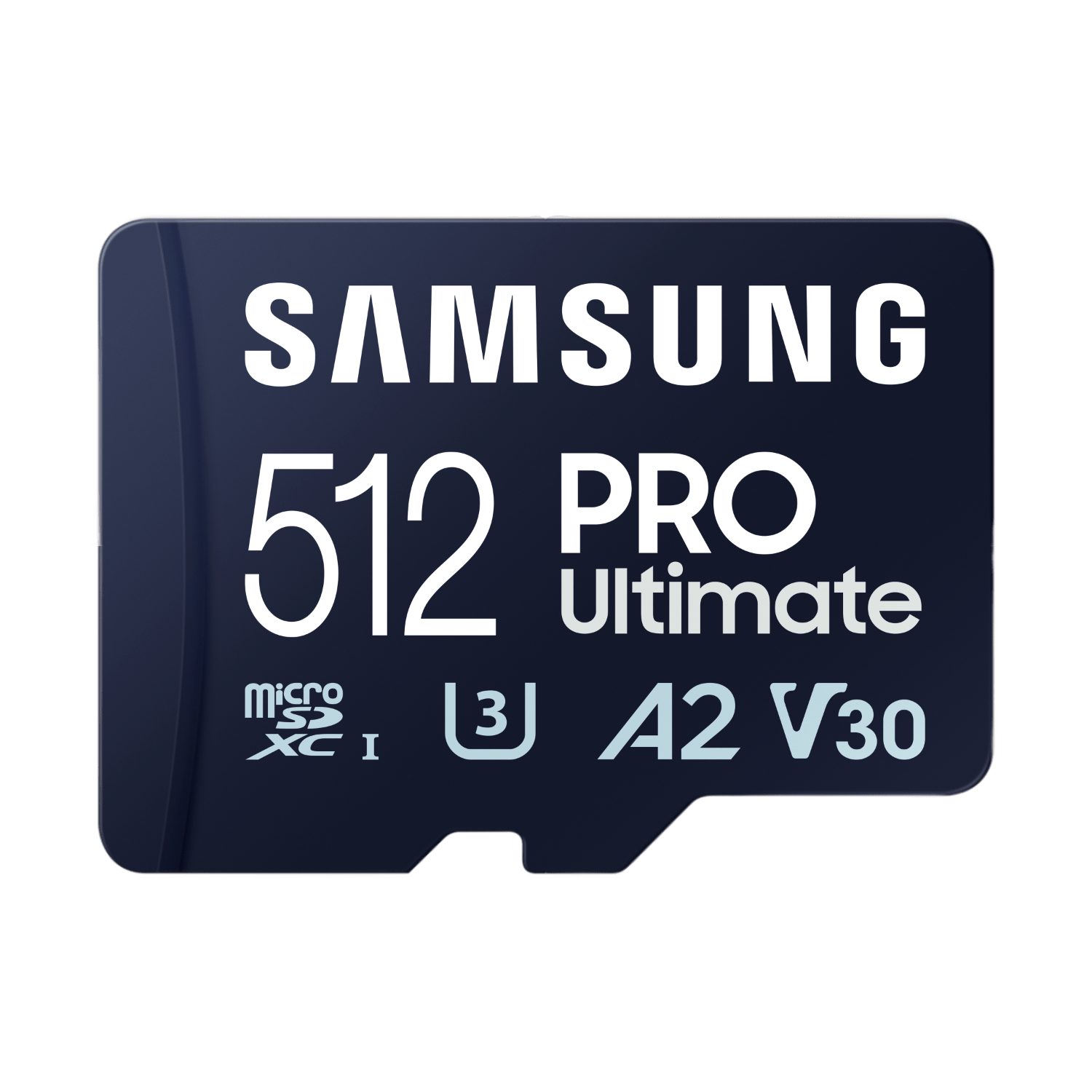 Zwarte en blauwe micro SD-kaart met witte tekst: Samsung 512 PRO Ultimate A2 V30.
