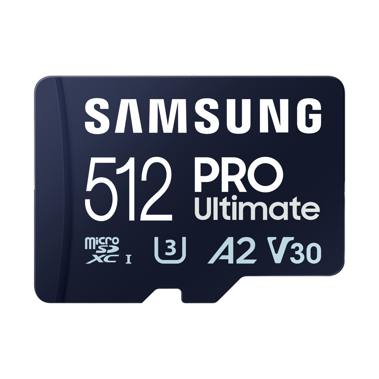 Een blauwe Samsung 512GB Pro Ultimate MicroSD-kaart. Het heeft witte tekst en een zwarte achtergrond.