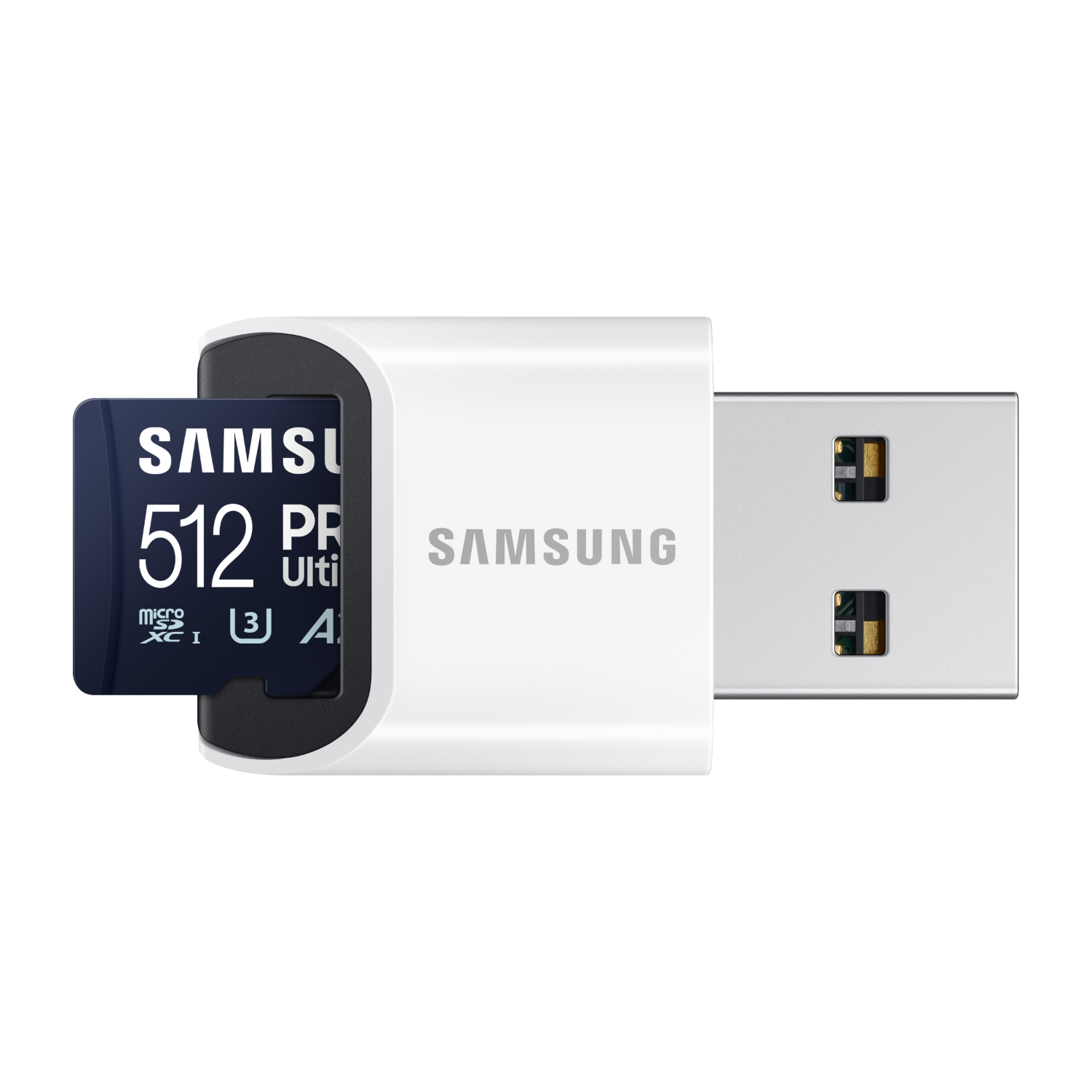 Samsung 512 Pro SD-kaart in een USB-adapter, wit en zwart, met Samsung-logo.