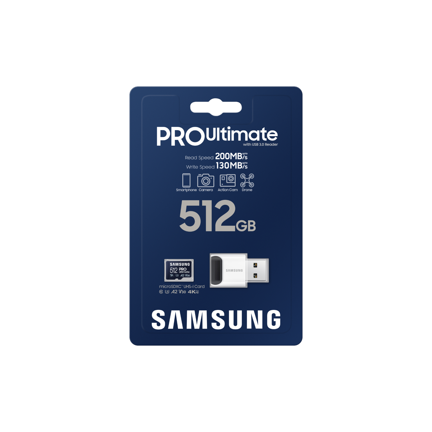 Samsung 512GB microSD-kaart in een blauwe verpakking. Details en tekst op de voorkant. Witte achtergrond.