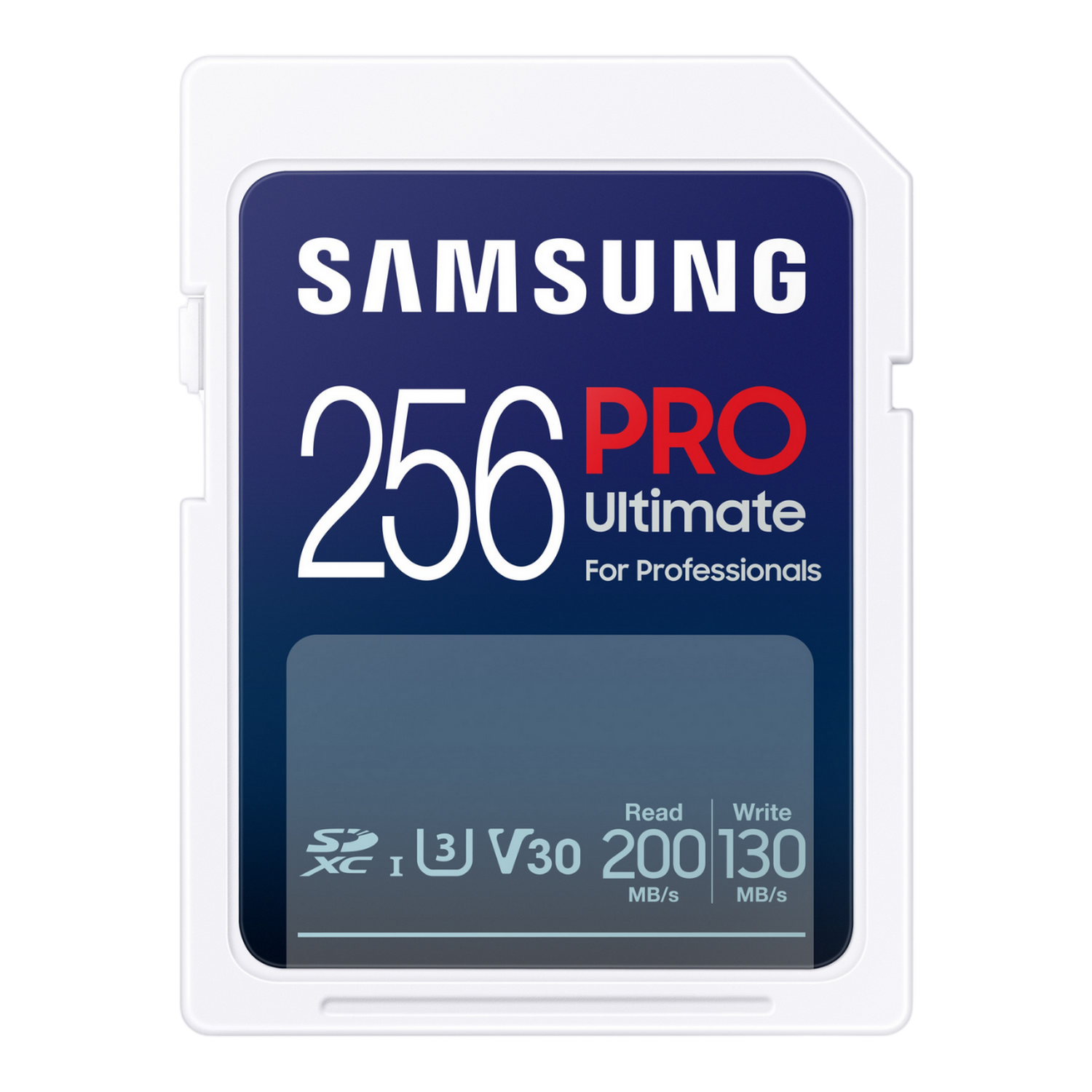 Karta SD Samsung 256GB Pro Ultimate, biało-niebieski design, na czarnym tle.