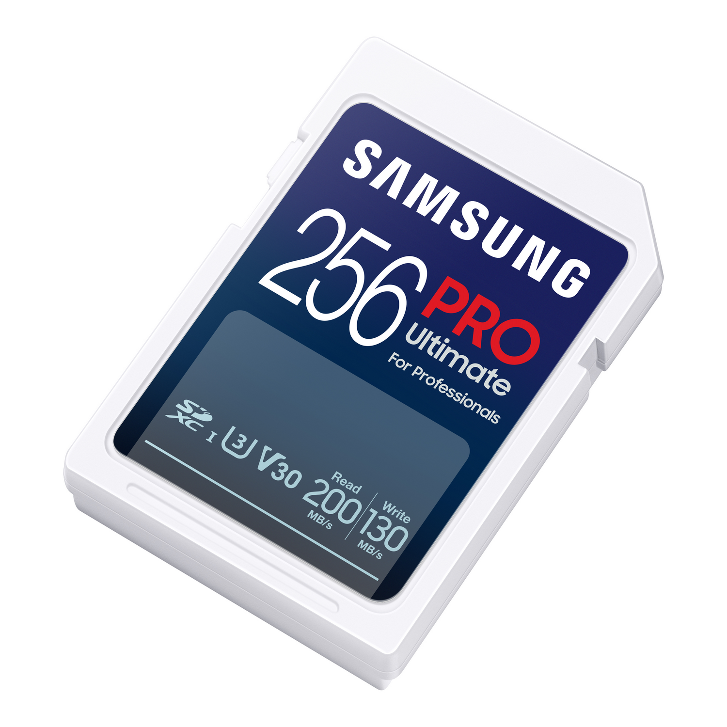 Biało-niebieska karta SD Samsung 256GB Pro. Tekst: 200MB/s odczyt, 130MB/s zapis.