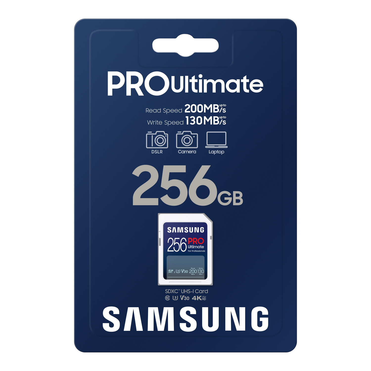 Opakowanie karty SD Samsung Pro Ultimate 256GB ze zdjęciem karty na ciemnoniebieskiej powierzchni.