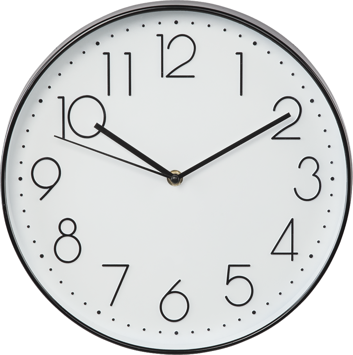 Orologio bianco con numeri e lancette nere. L'orologio segna le 10:10.