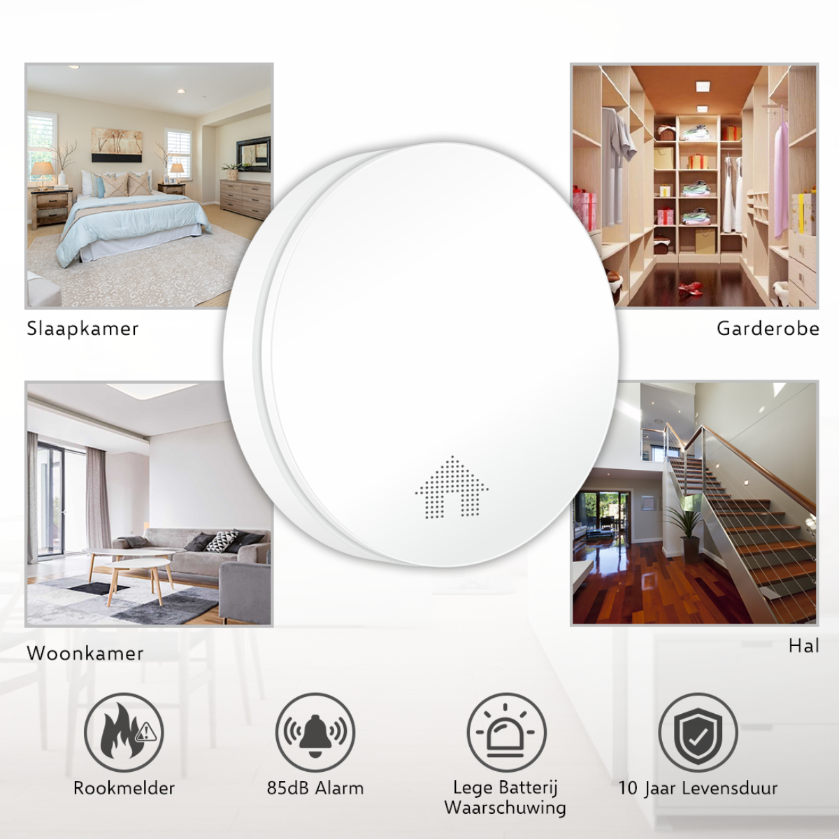 Un rilevatore di fumo bianco con immagini di diverse stanze: camera da letto, armadio, soggiorno, corridoio.