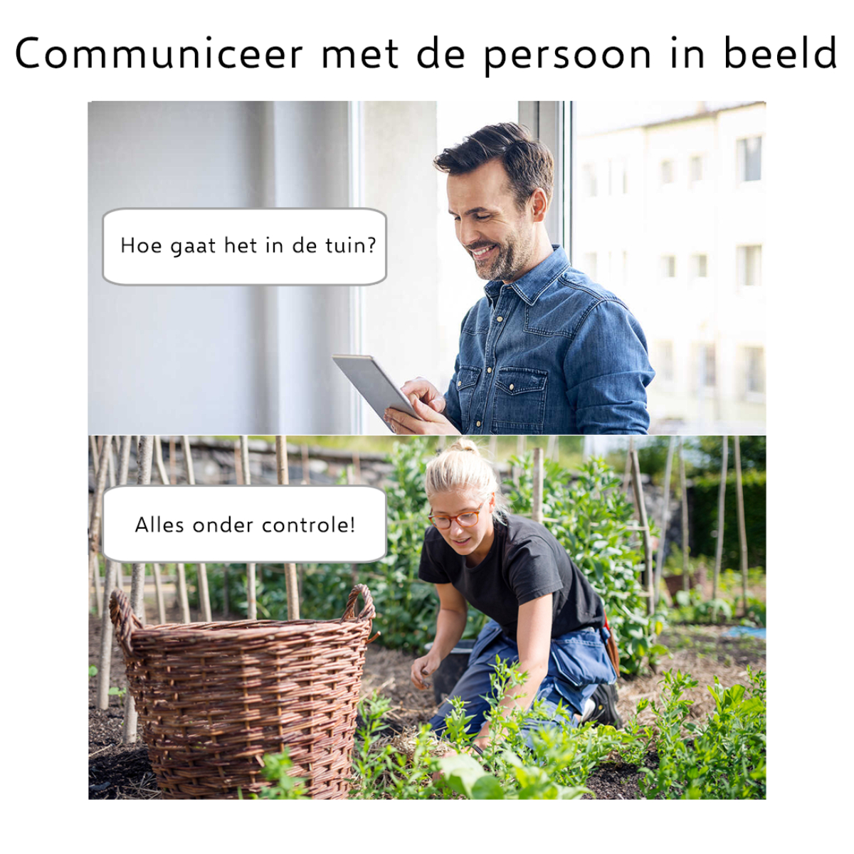 Uomo su tablet, donna in giardino. Fumetti in olandese. Contesto: comunicazione casa intelligente.