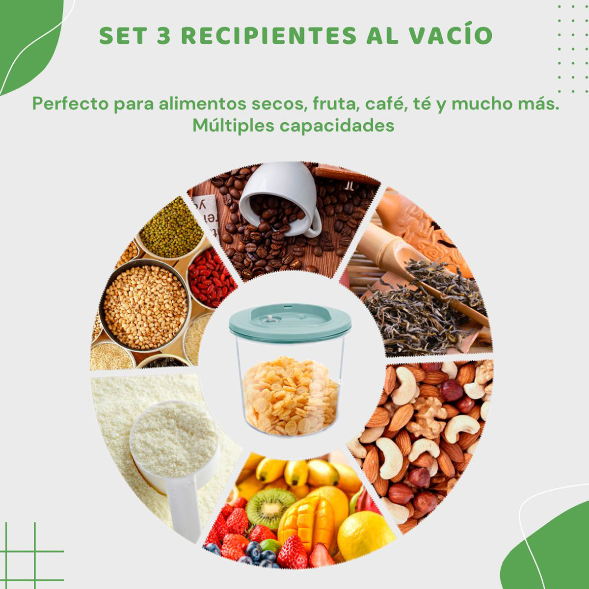 Disposición de alimentos en recipientes, incluyendo nueces, granos, semillas y frutas, con superposición de texto.