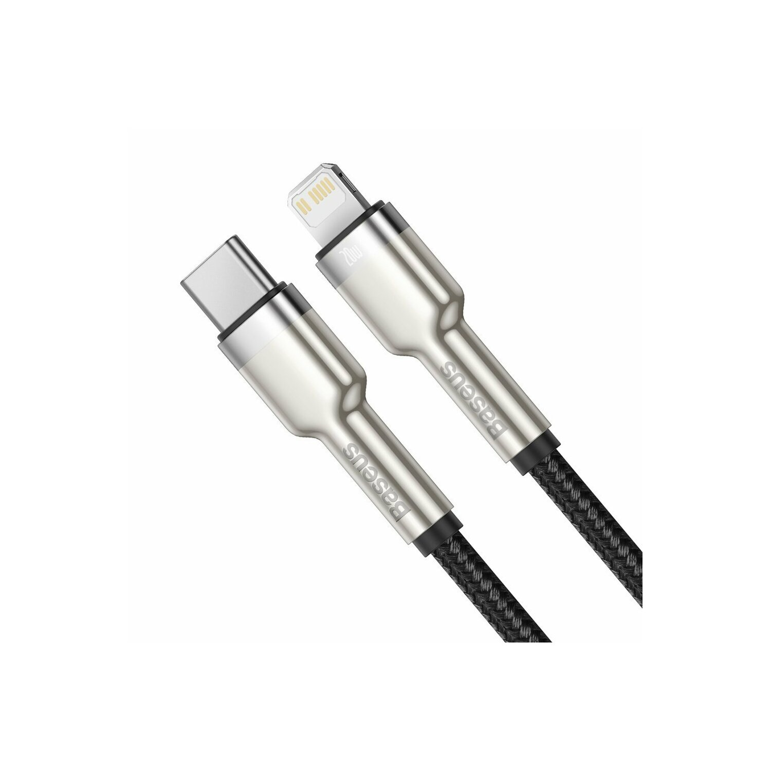 Dwa srebrne kable do ładowania ze złączami USB-C i Lightning. Izolowane na białym tle.