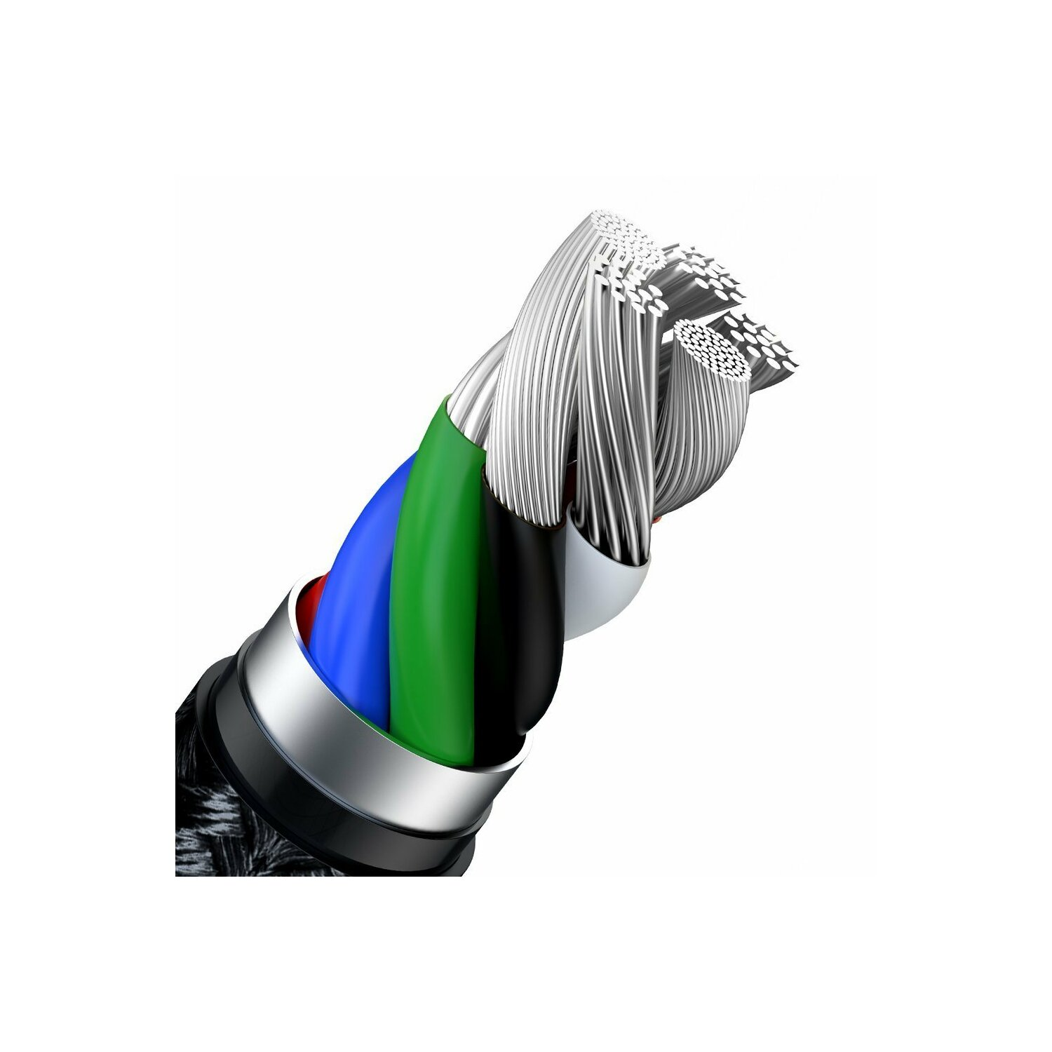 Zbliżenie przeciętego kabla, pokazujące kolorowe przewody i osłonę ochronną.