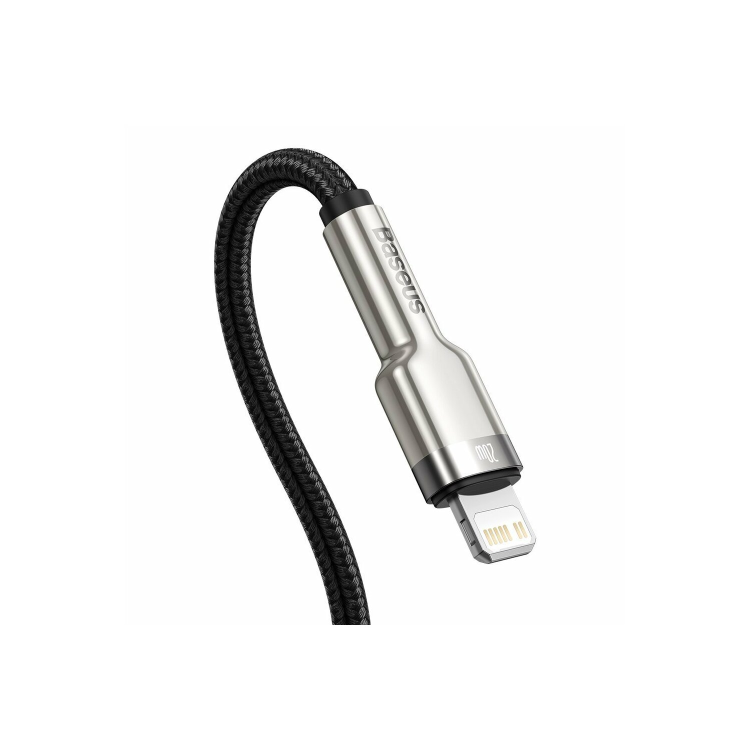 Czarny pleciony kabel ładujący ze srebrnym złączem Lightning i logo Baseus.