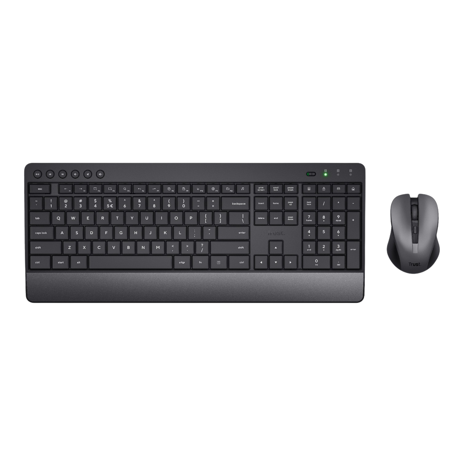 Czarny zestaw klawiatura i mysz, ciemne tło.