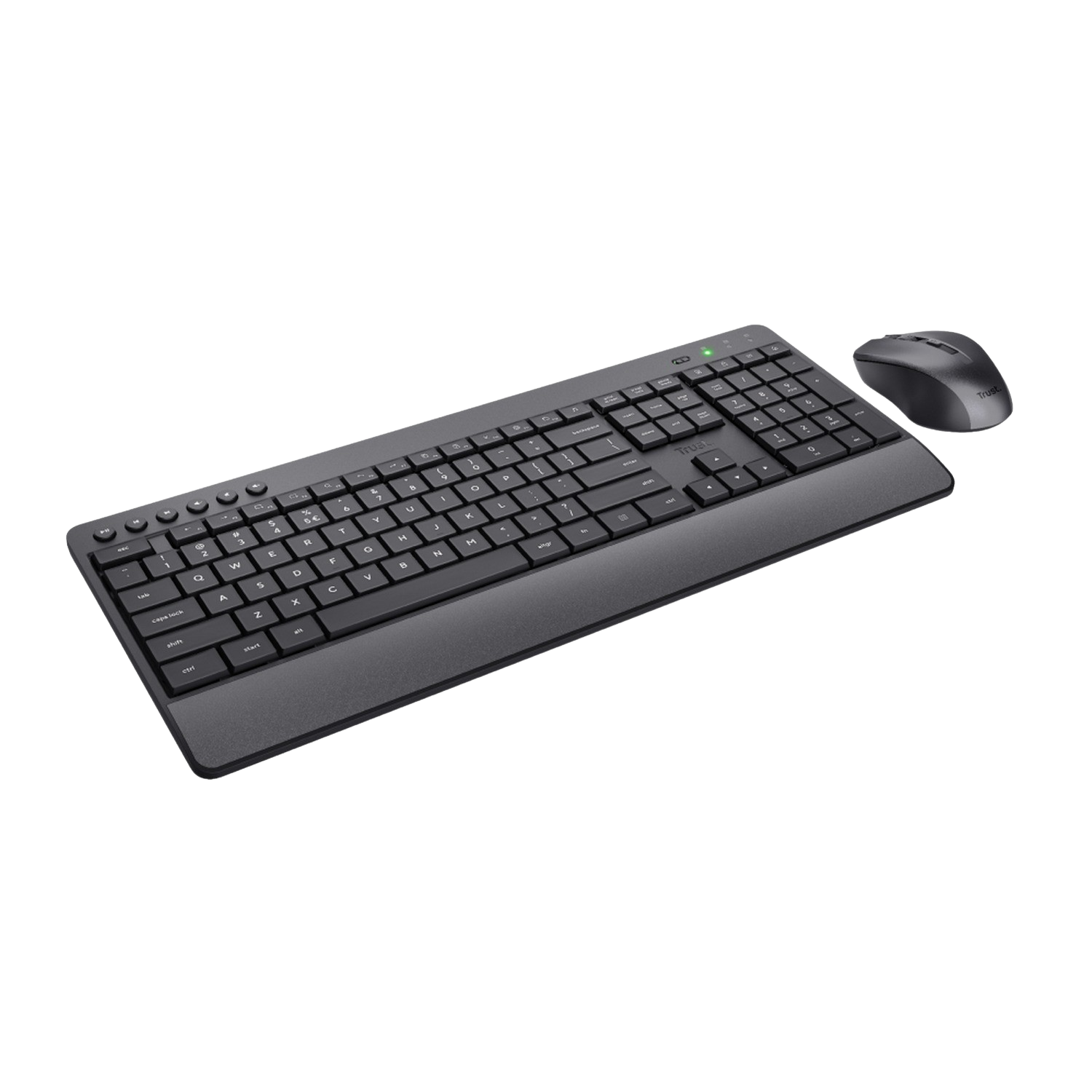 Czarny zestaw klawiatura i mysz. Klawiatura ma klawiaturę numeryczną.