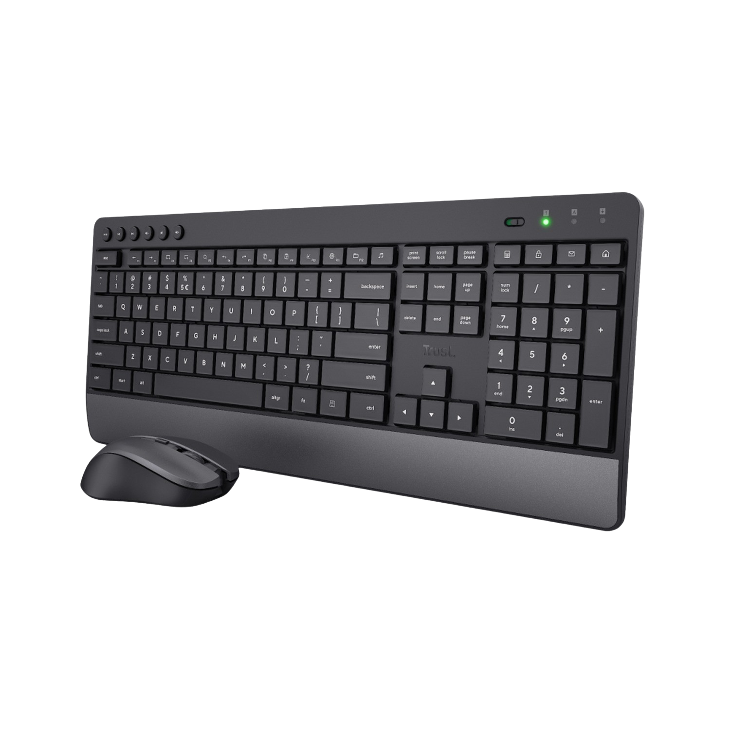 Czarny zestaw klawiatura i mysz. Klawiatura ma wiele klawiszy, a mysz jest po lewej. Ciemne tło.