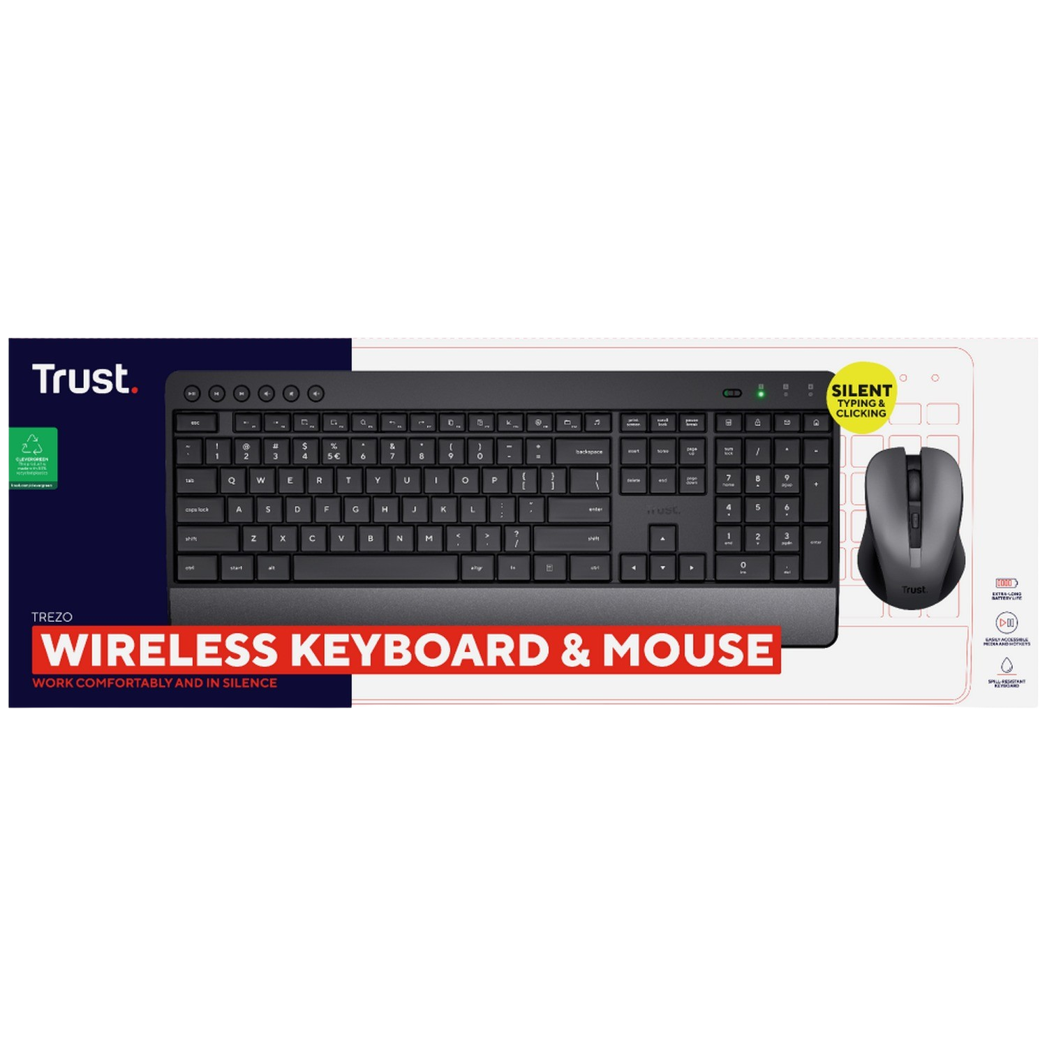 Czarna i szara bezprzewodowa klawiatura i mysz Trust na białym tle. Pogrubiony czerwony tekst z nazwą produktu.