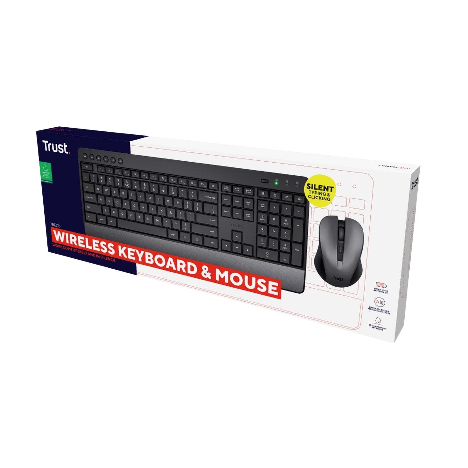 Zestaw bezprzewodowej klawiatury i myszy w pudełku. Klawiatura jest czarna.